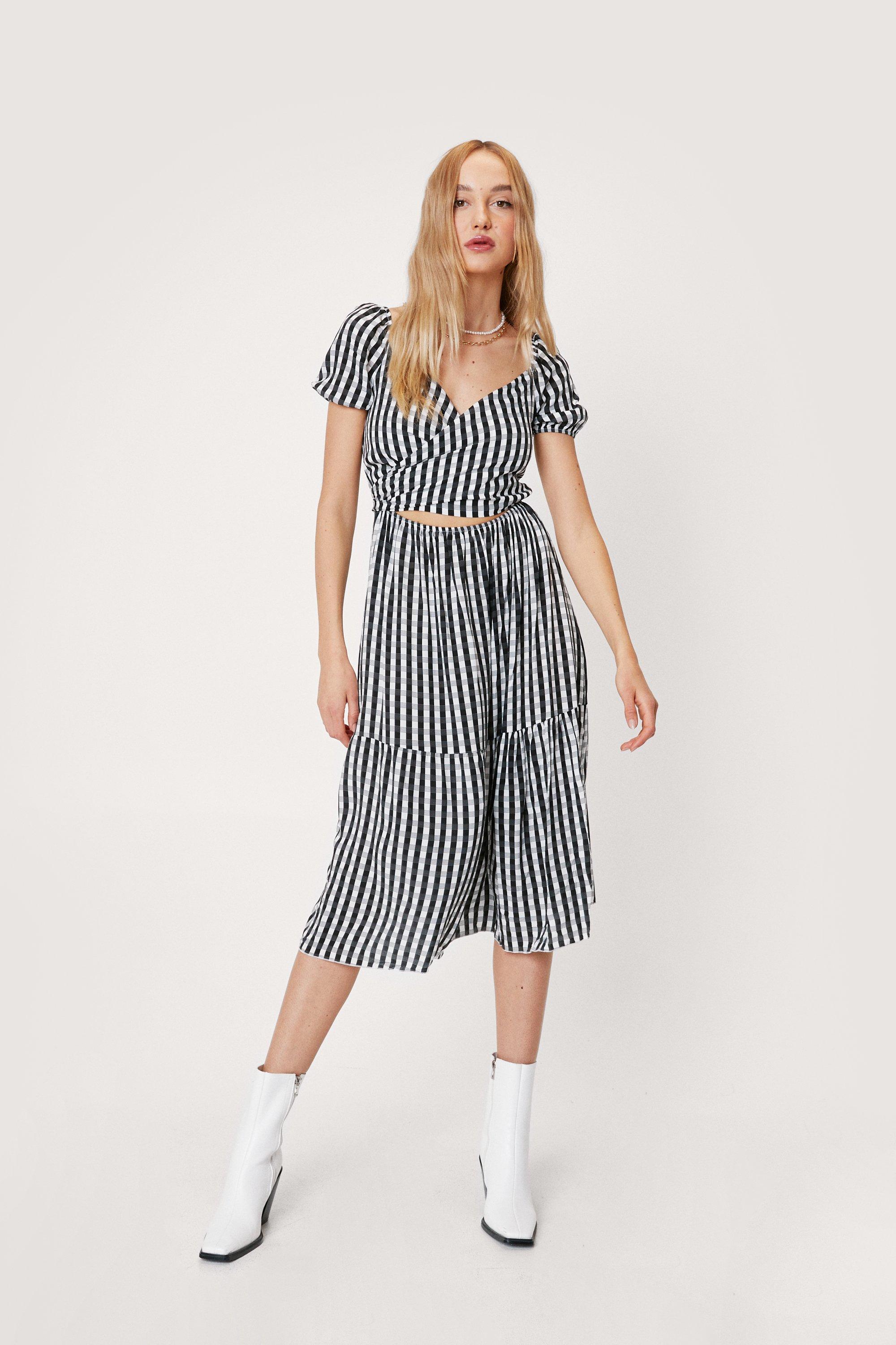 gingham wrap midi dress