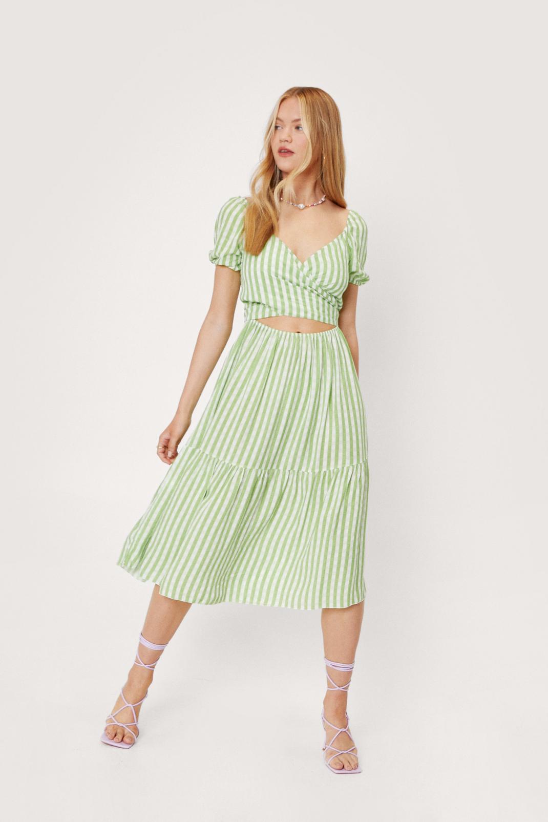 Green Wrap Gingham Cut Out Midi Dress image number 1