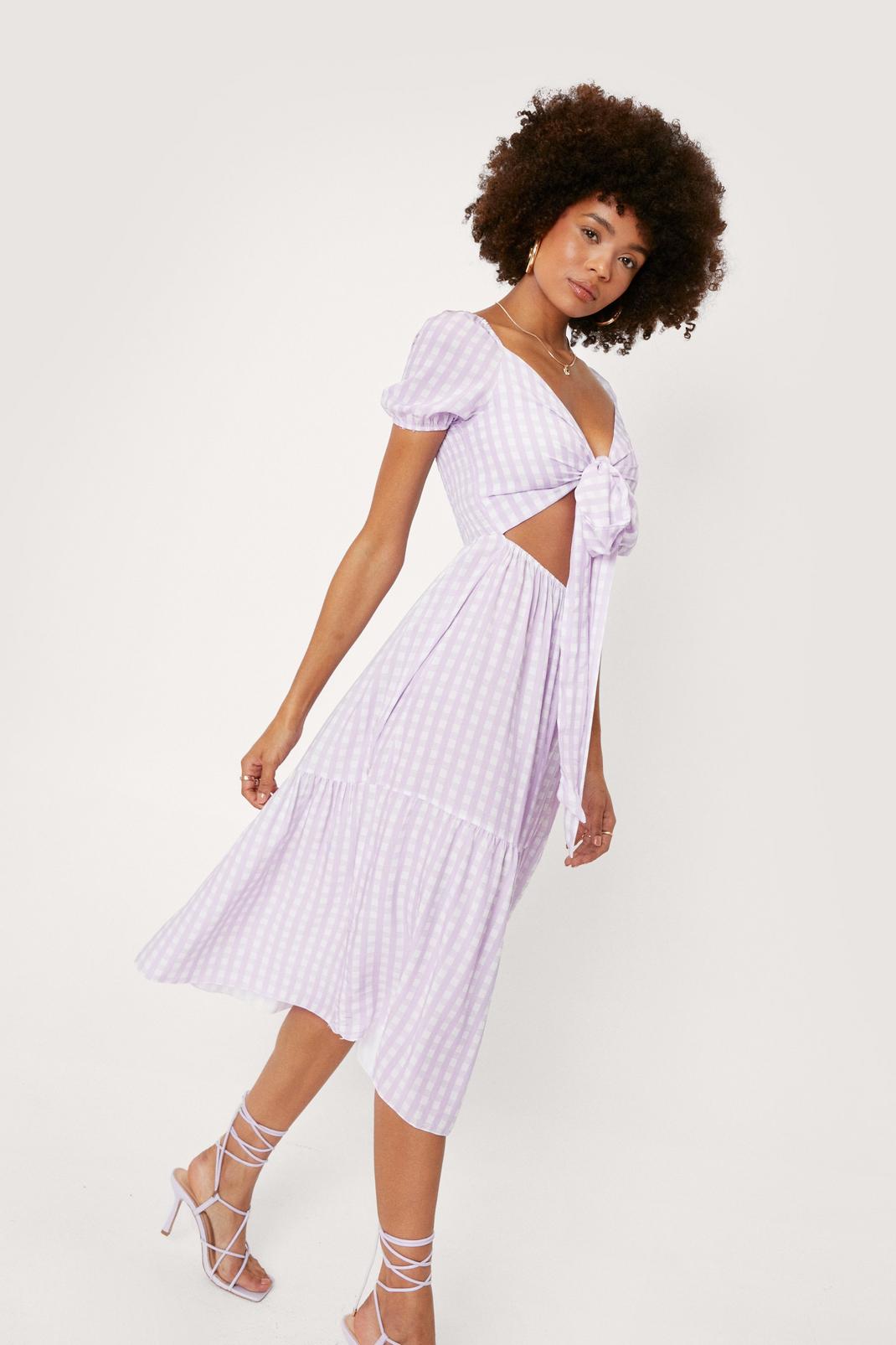 Lilac Wrap Gingham Cut Out Midi Dress image number 1