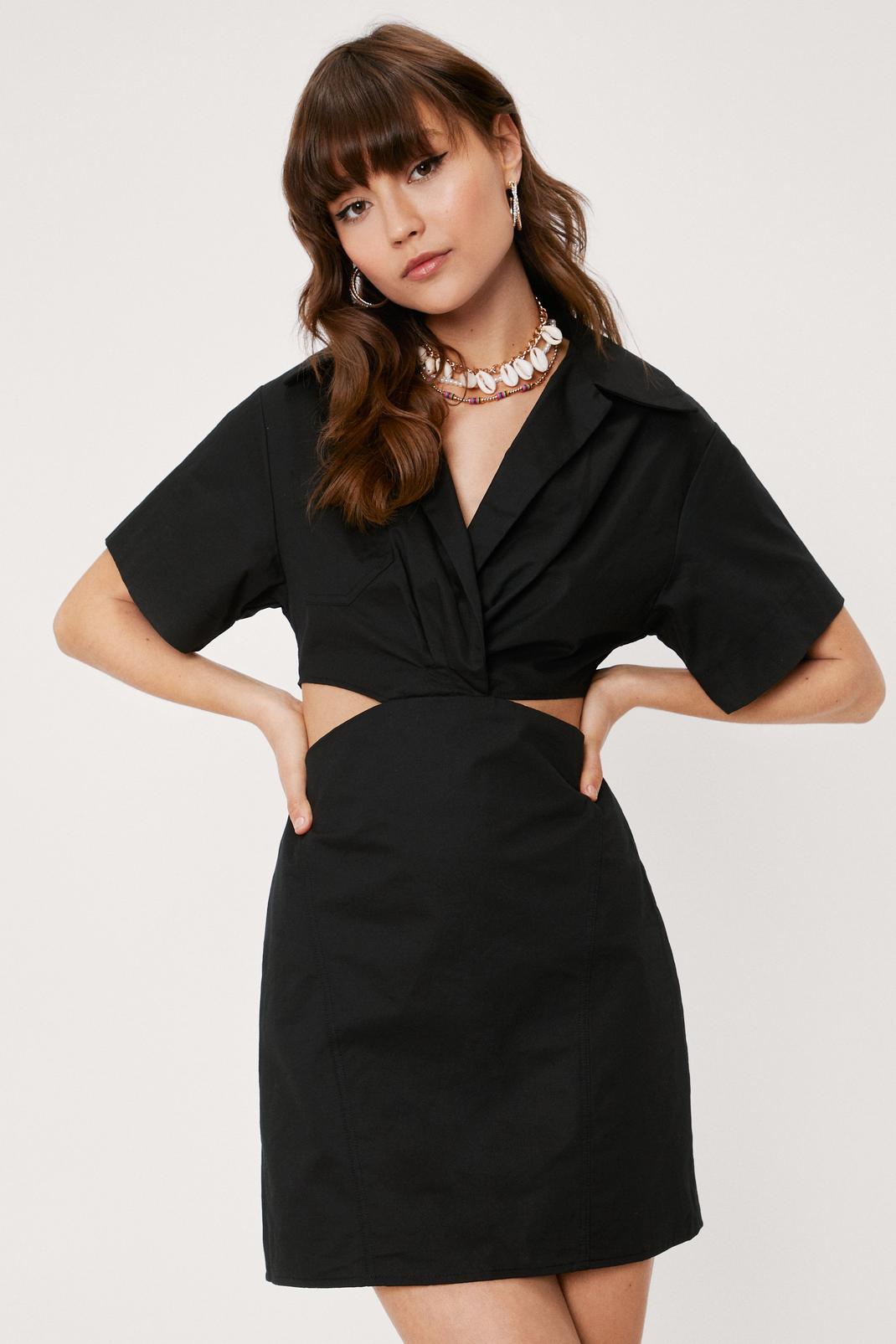 Black Linen Cut Out Mini Shirt Dress image number 1