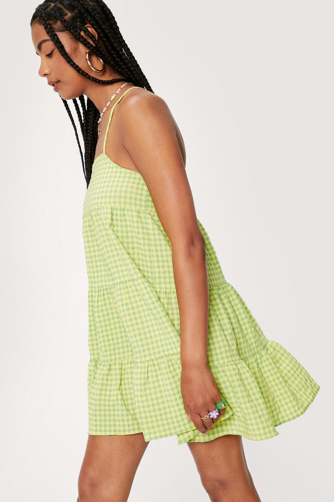 Lime Gingham Tiered Mini Smock Dress image number 1