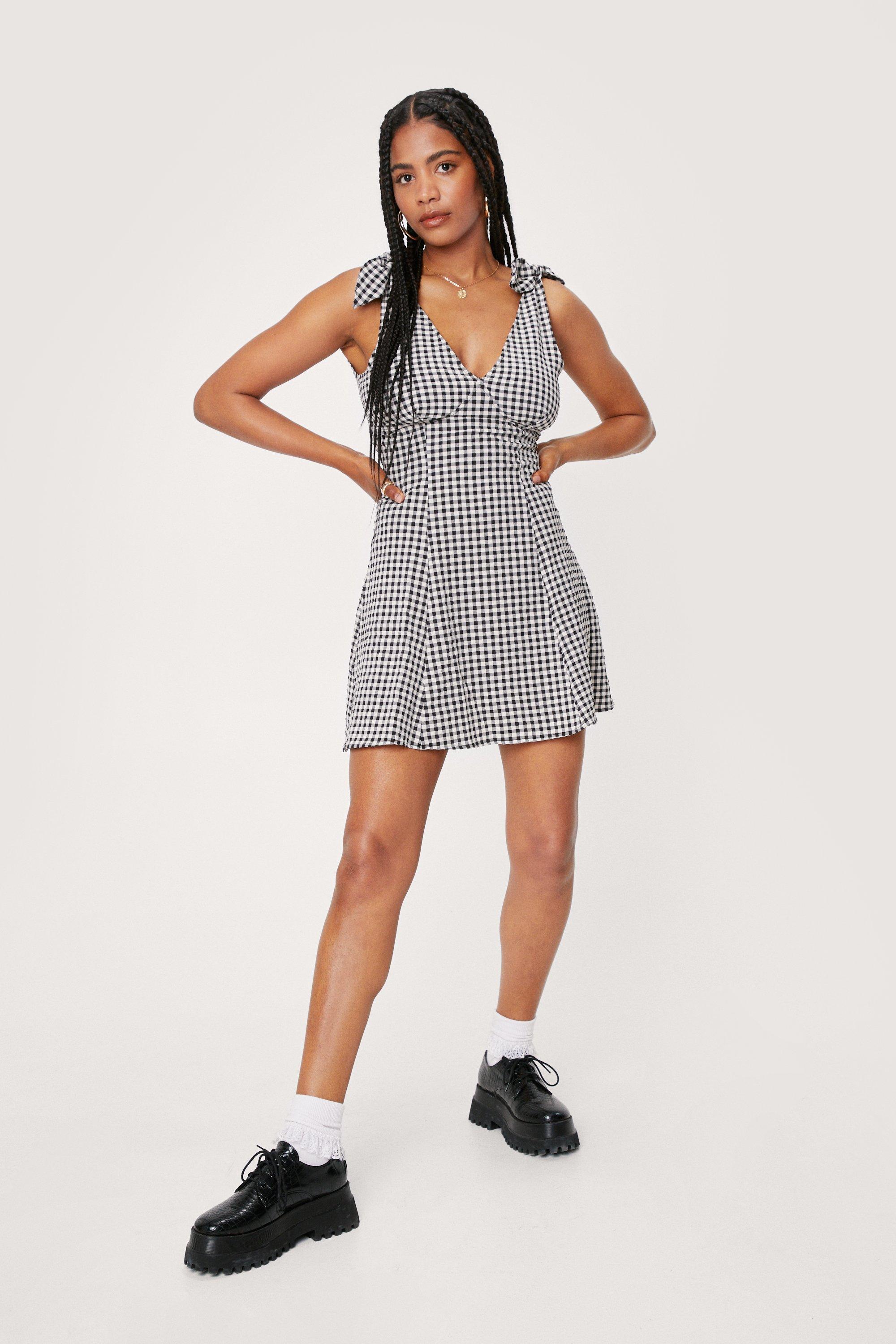 gingham tie shoulder dress