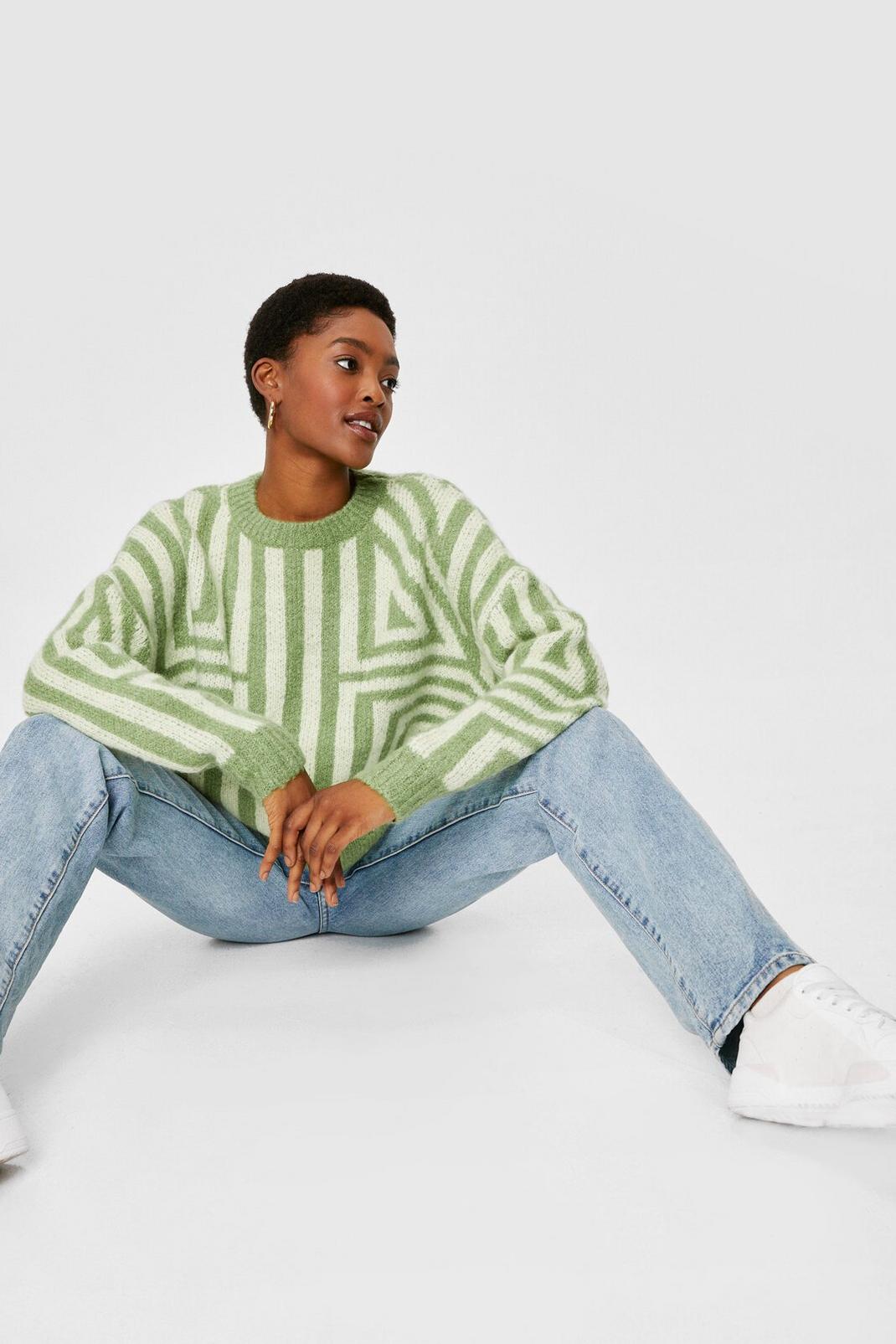 Green Striped Pattern Soft Knit Boyfriend Sweater image number 1