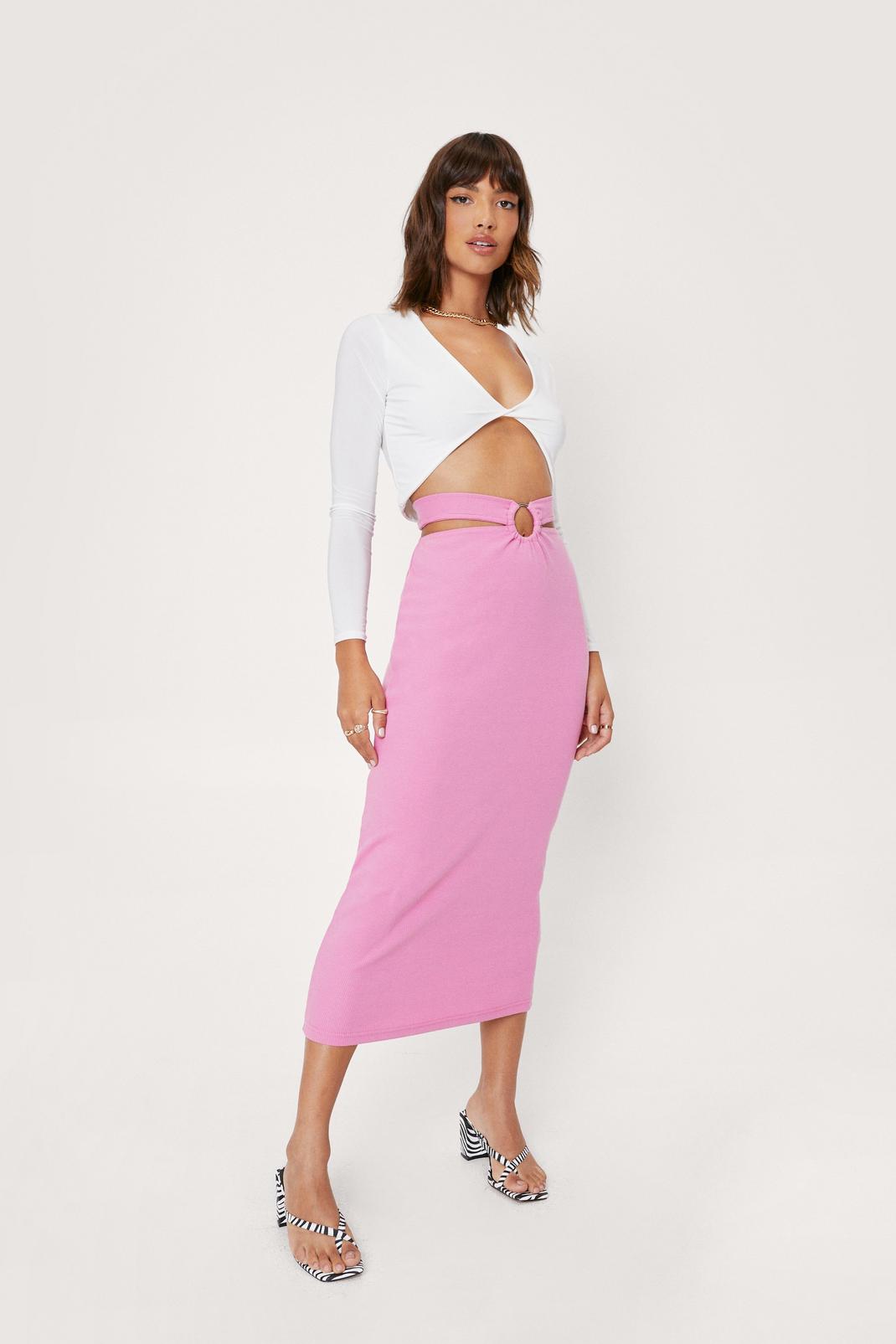 Bright pink Ribbed O Ring Detail Cut Out Midi Skirt image number 1