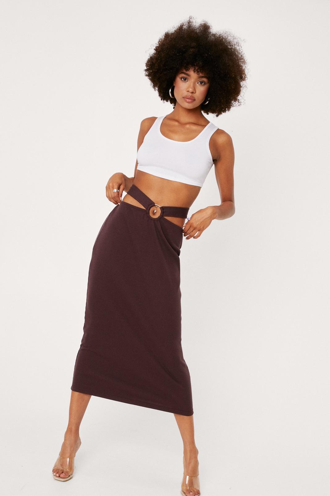 Chocolate Ribbed O Ring Detail Cut Out Midi Skirt image number 1