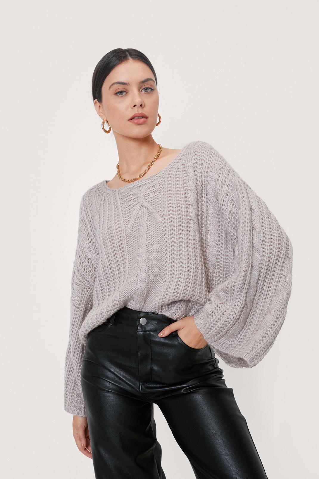 Grey Cable Knit Super Wide Batwing Sleeve Jumper image number 1