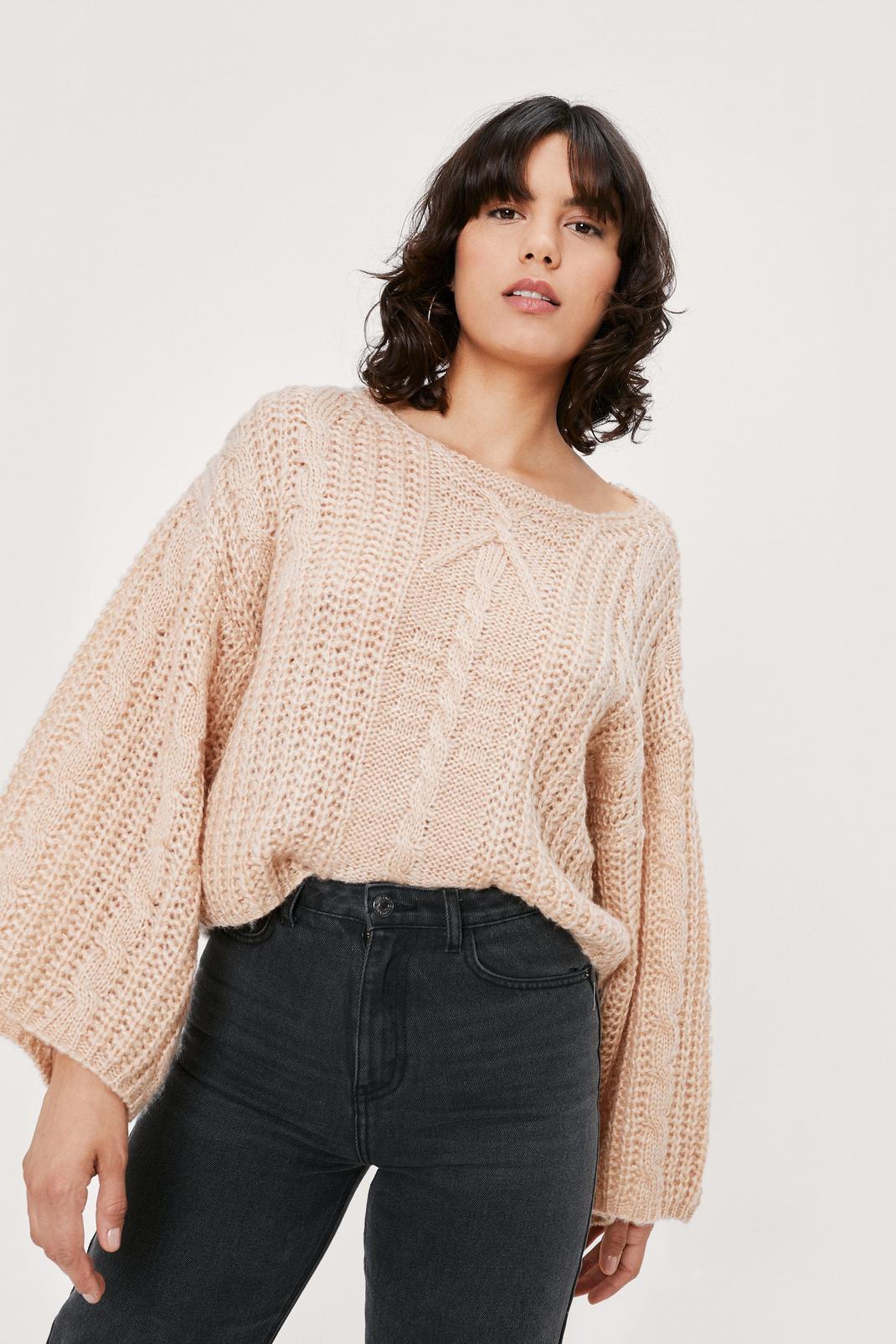Oatmeal Cable Knit Super Wide Batwing Sleeve Jumper image number 1
