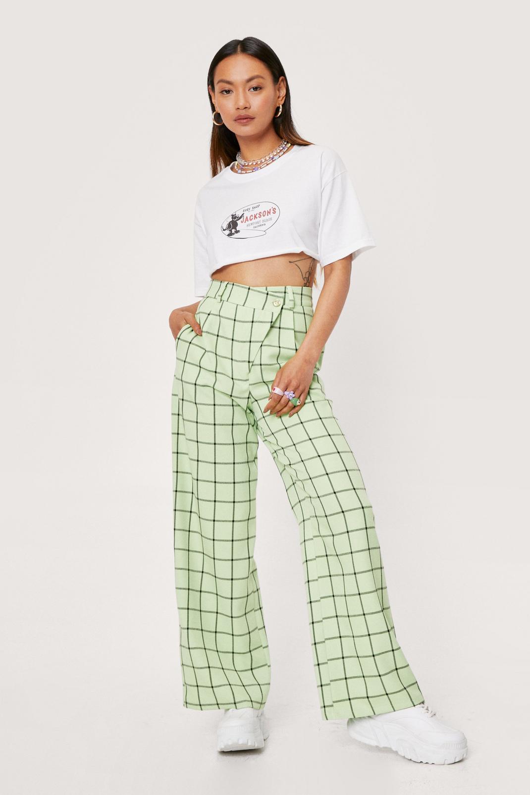 Lime Petite Check Print Asymmetric Wide Leg Trousers image number 1