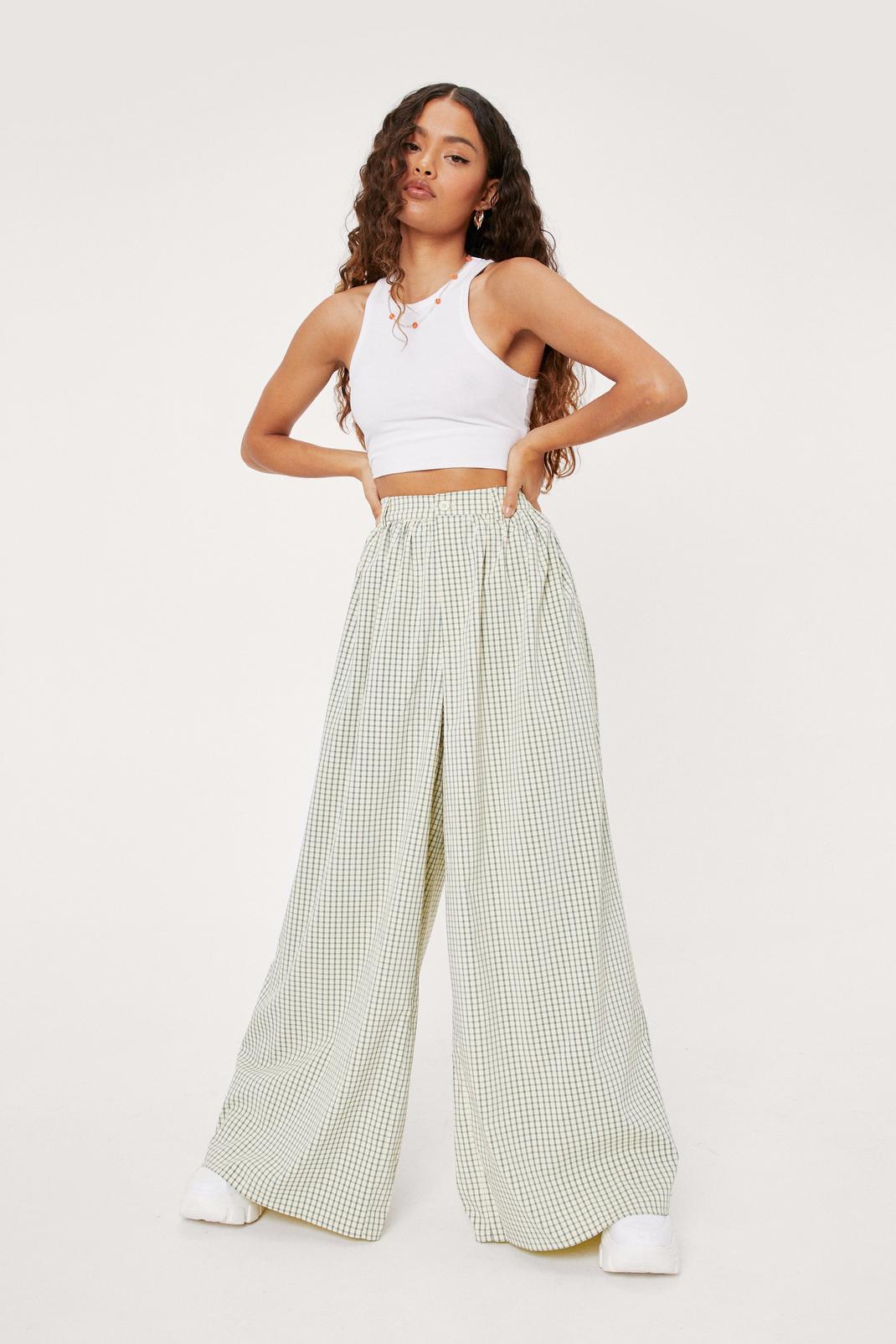Green Petite Oversized Wide Leg Check Pants image number 1