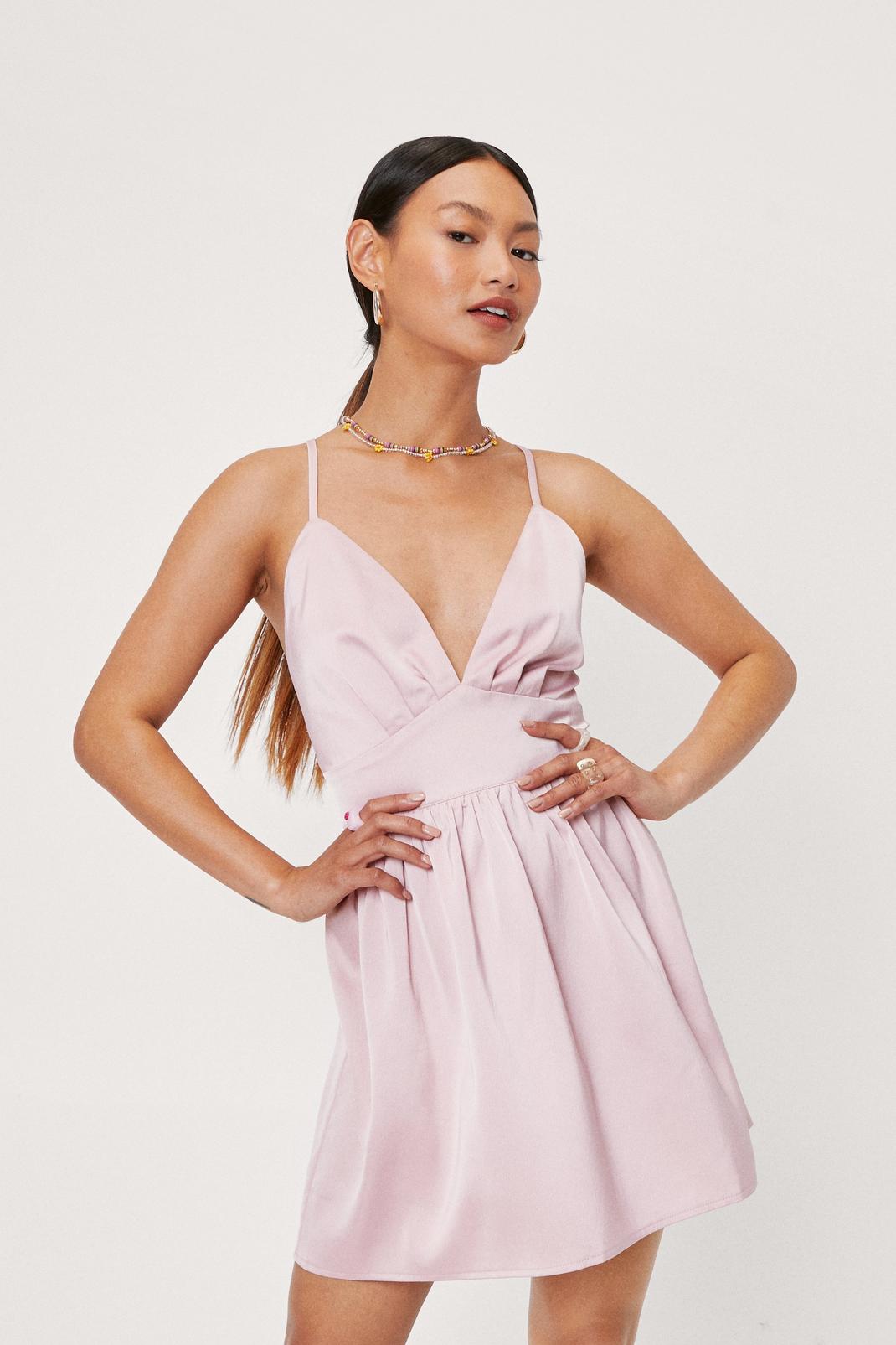 Pink Petite Satin Strappy Crossover Back Mini Dress image number 1