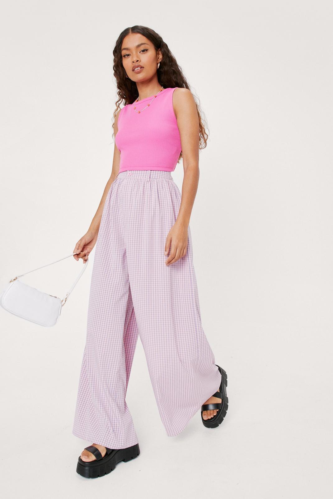 Pink Petite Check Oversized Flowy Wide Leg Trousers image number 1