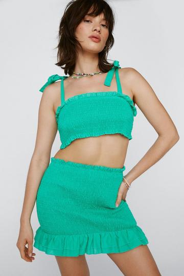Green Petite Shirred Ruffle Hem Mini Skirt