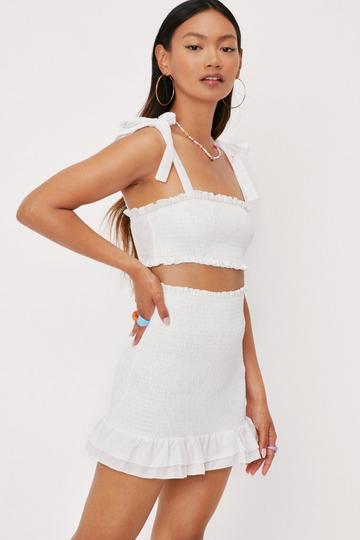 White Petite Shirred Ruffle Hem Mini Skirt