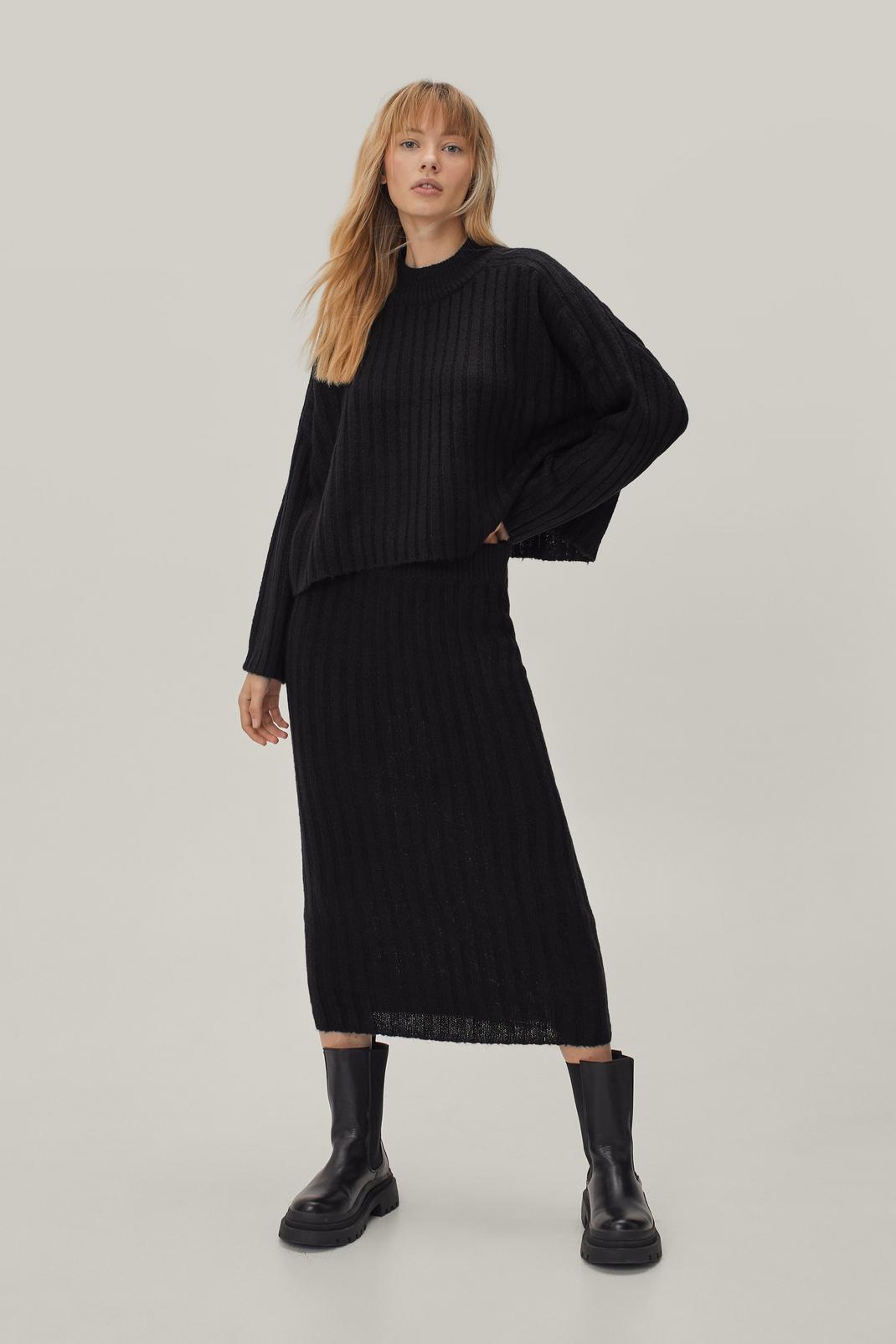 Black Soft Knit Sweater and Midi Skirt Set image number 1