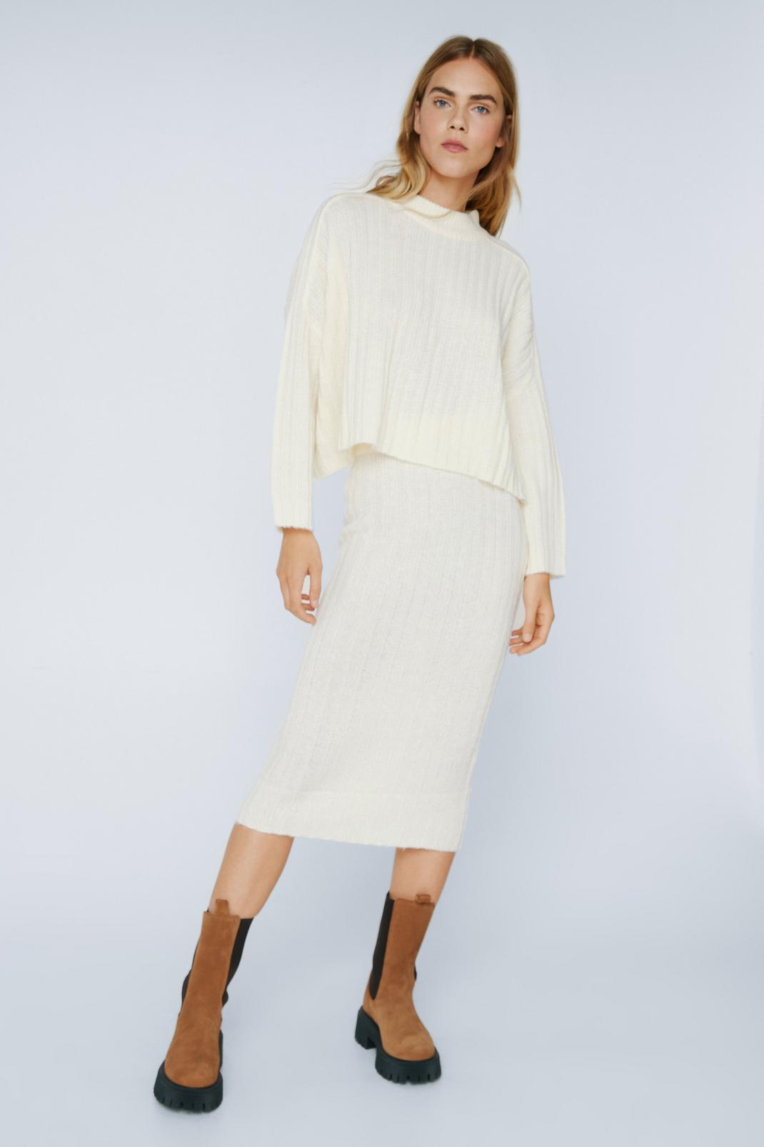 Cream Soft Knit Jumper and Midi Skirt Set image number 1