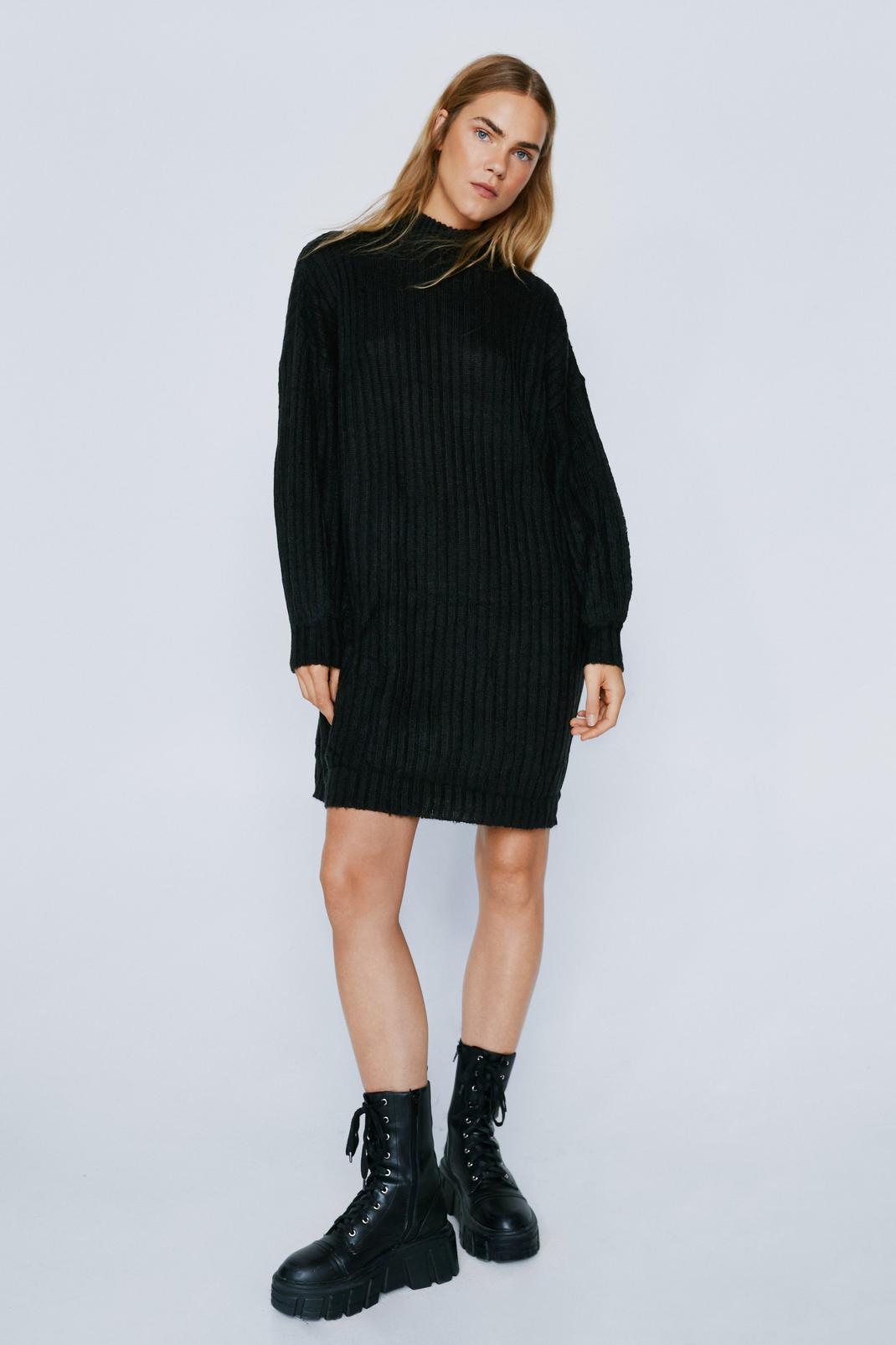 Black Wide Ribbed Soft Knit Mini Sweater Dress image number 1