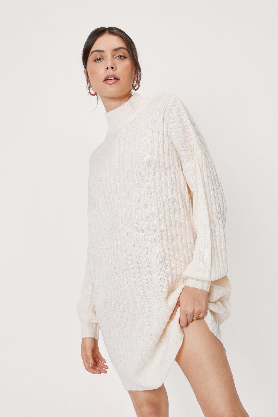 Cream Wide Ribbed Soft Knit Mini Sweater Dress image number 1