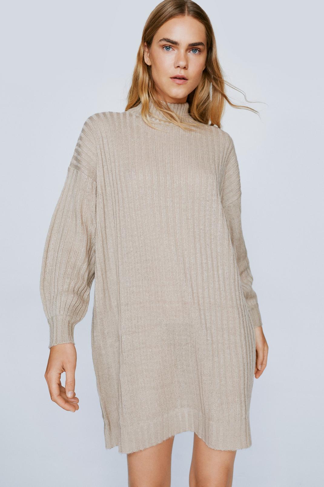 Oatmeal Wide Ribbed Soft Knit Mini Sweater Dress image number 1