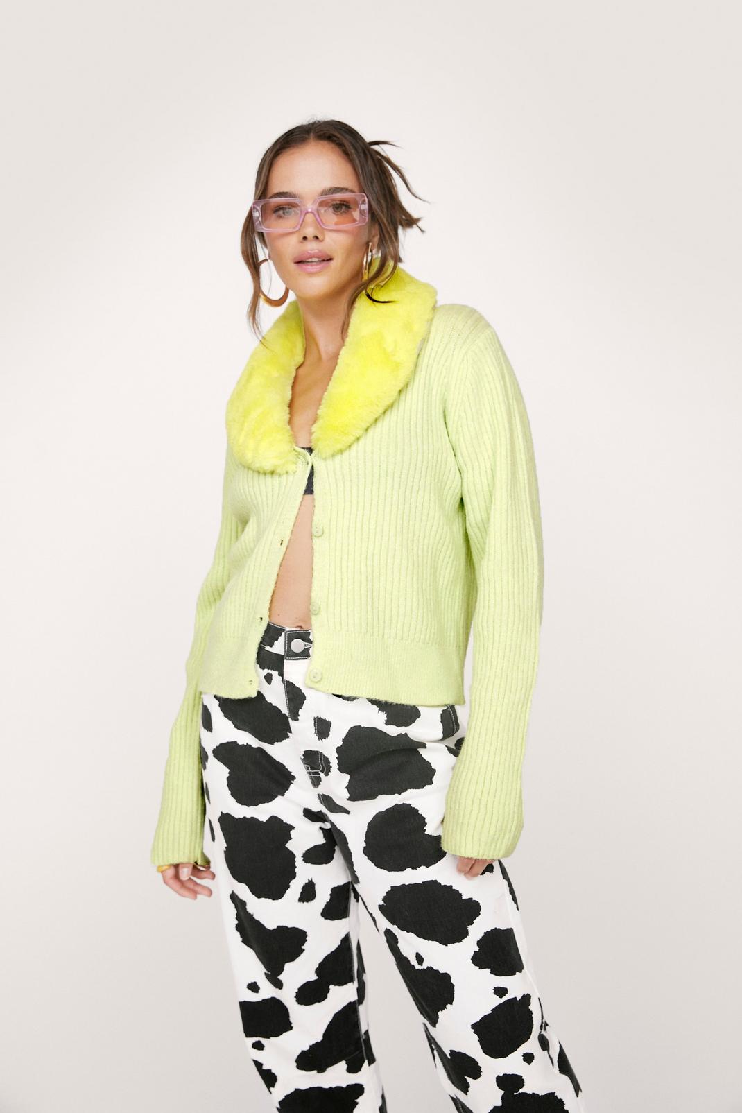 Lime Faux Fur Trim Collar Button Knitted Cardigan image number 1
