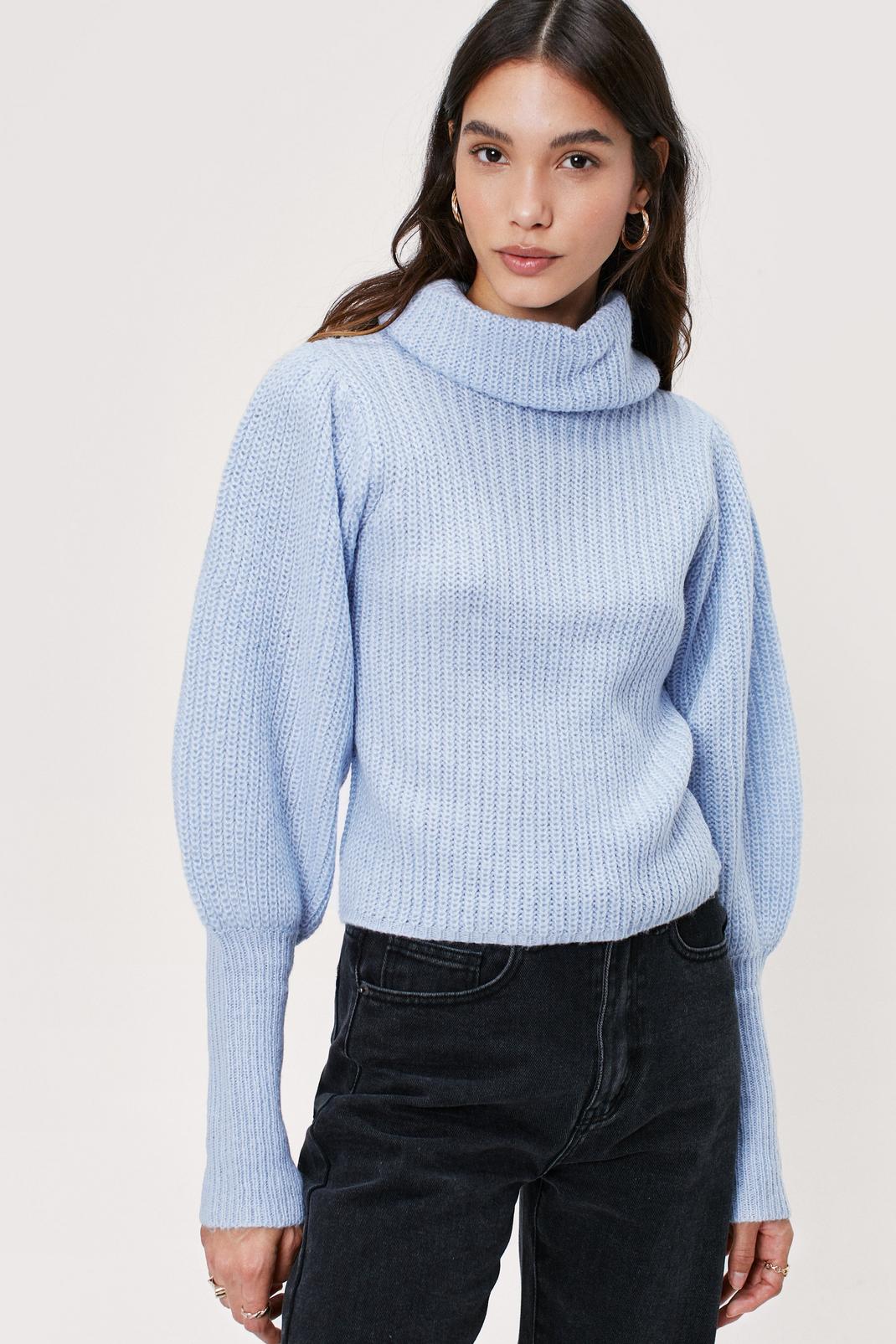 Baby blue Roll Neck Puff Sleeve Soft Knit Jumper image number 1