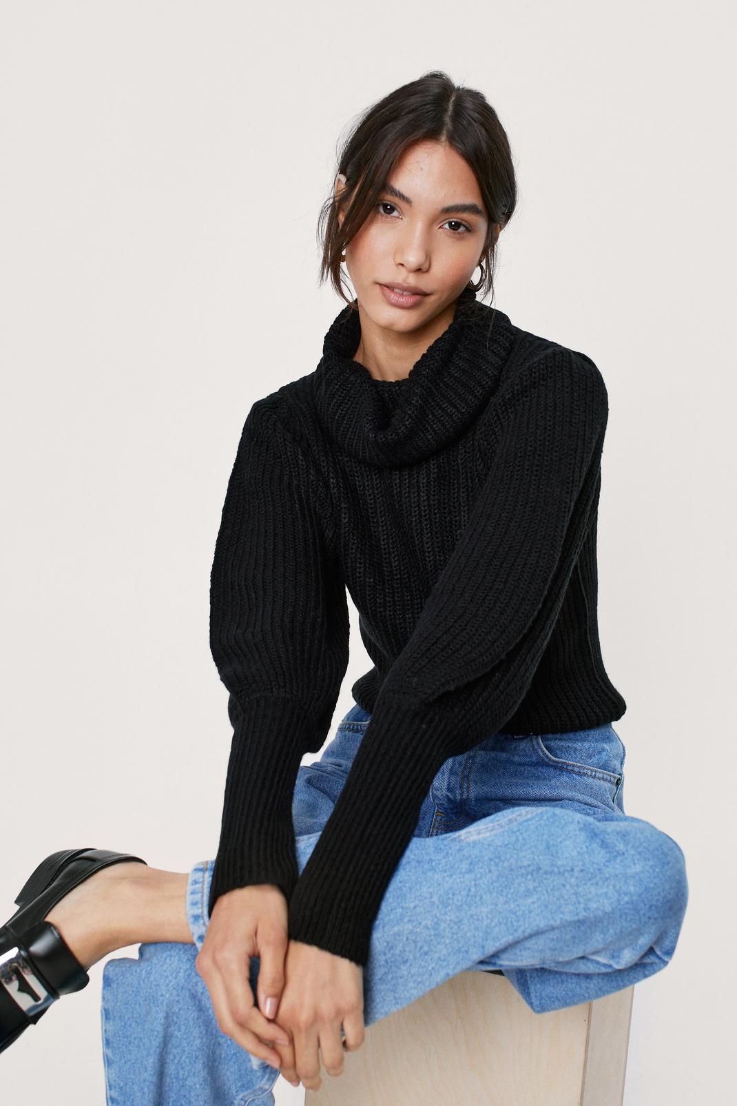 Black Roll Neck Puff Sleeve Soft Knit Sweater image number 1