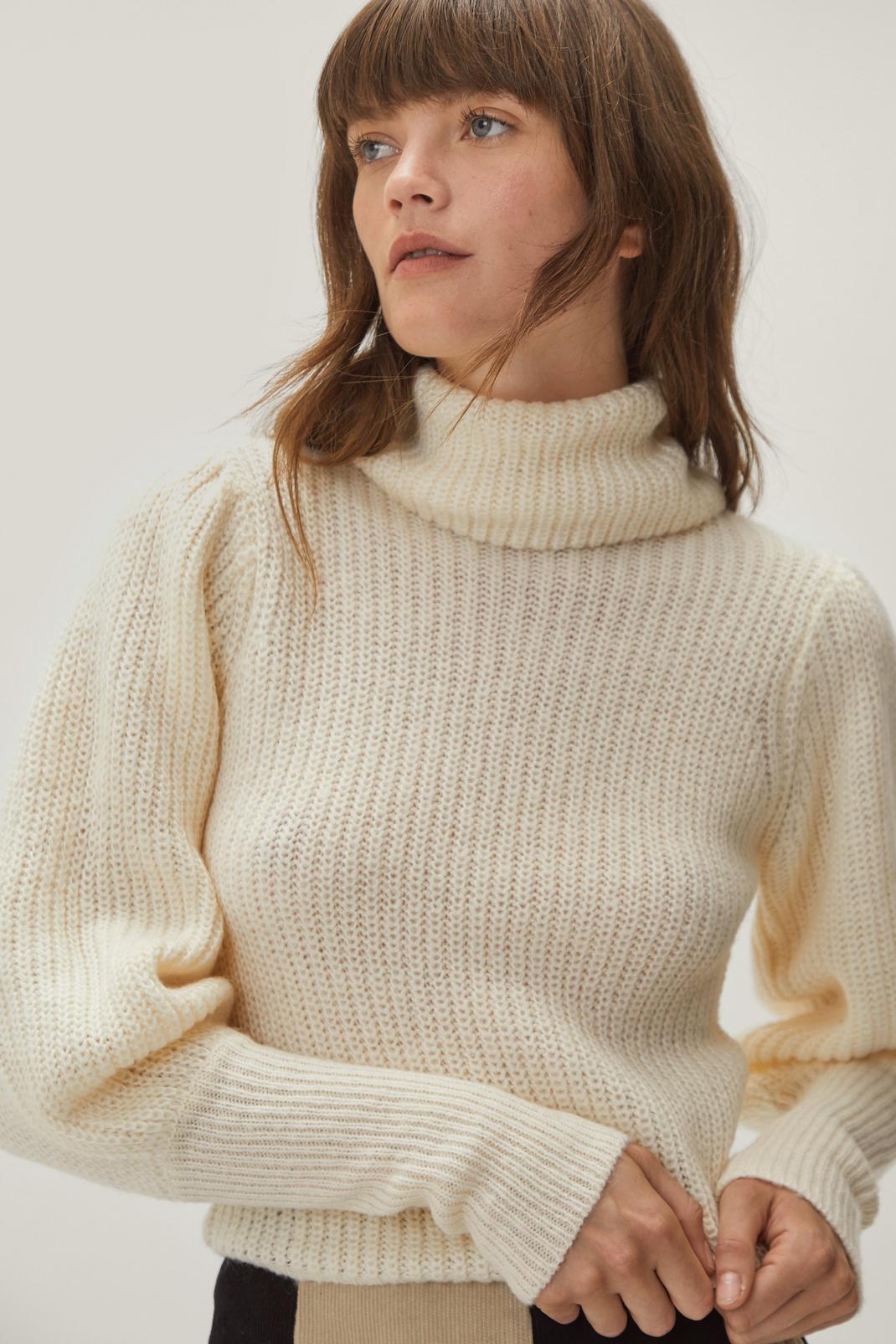 Cream Roll Neck Puff Sleeve Soft Knit Sweater image number 1