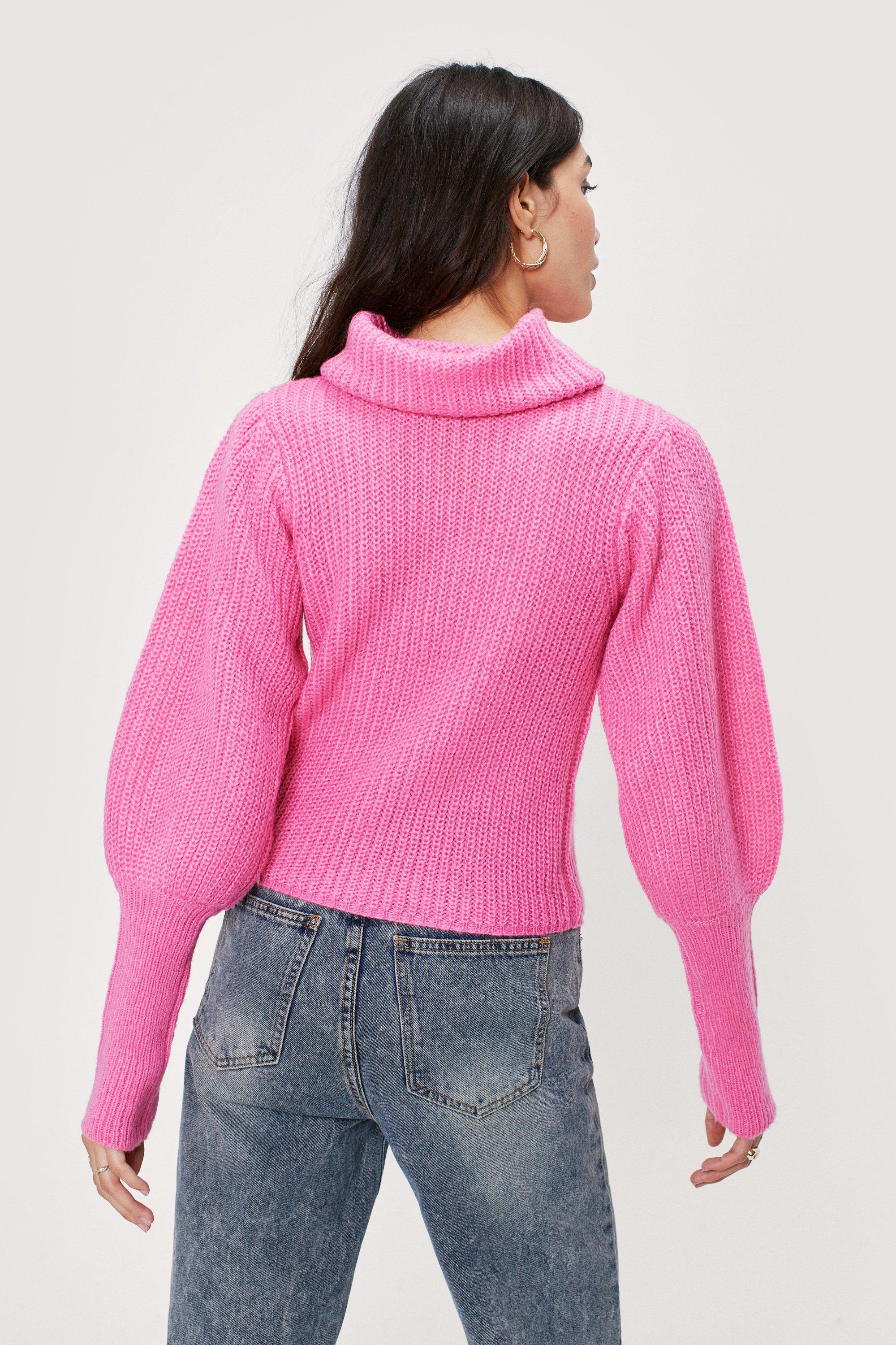 Hot Pink Roll Neck Cropped Knit Sweater