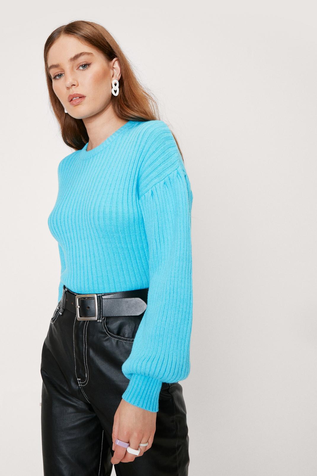 Blue Wide Ribbed Balloon Sleeve Knit Jumper image number 1