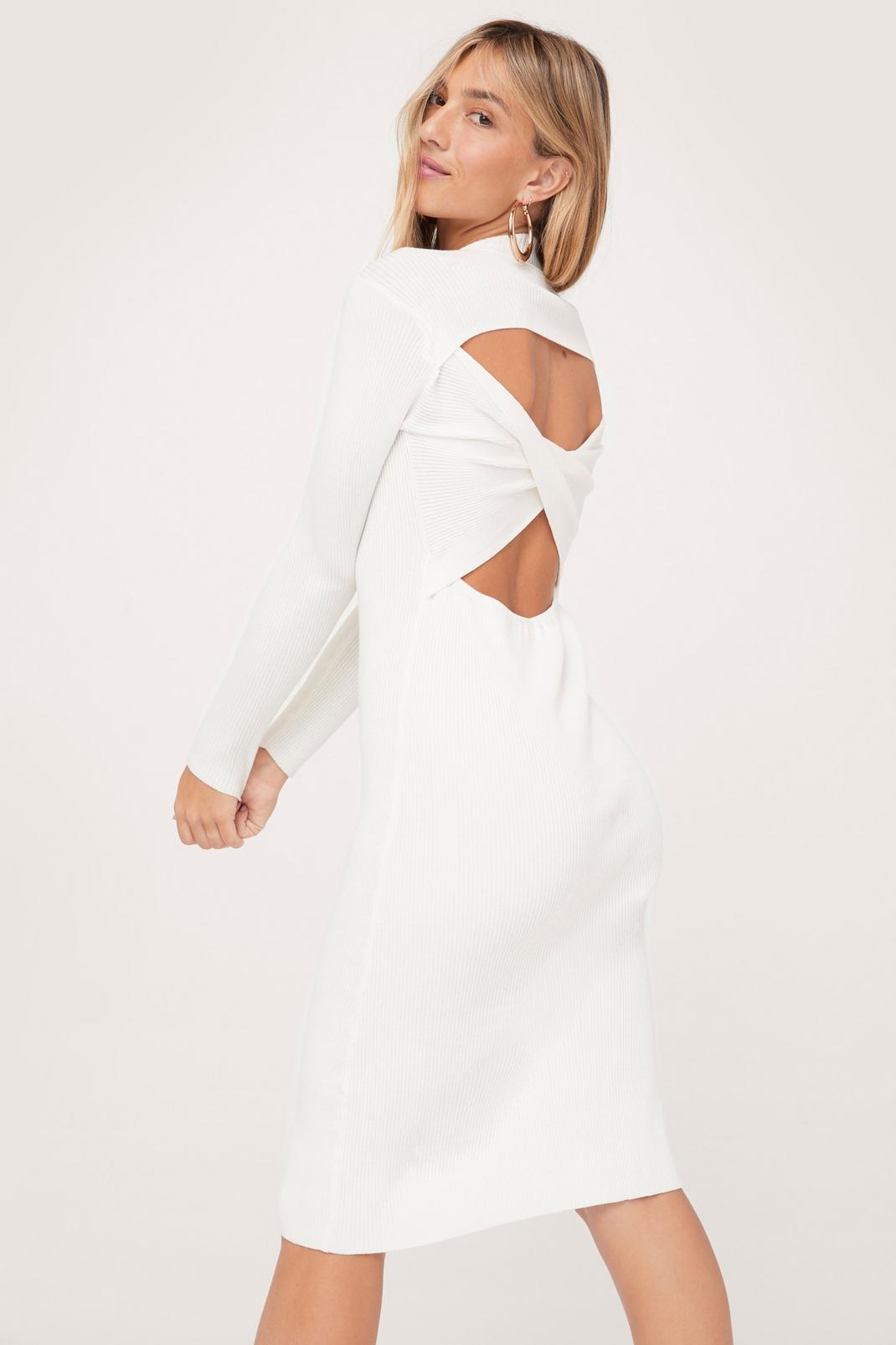 Ivory Knitted Twist Open Back Midi Dress image number 1