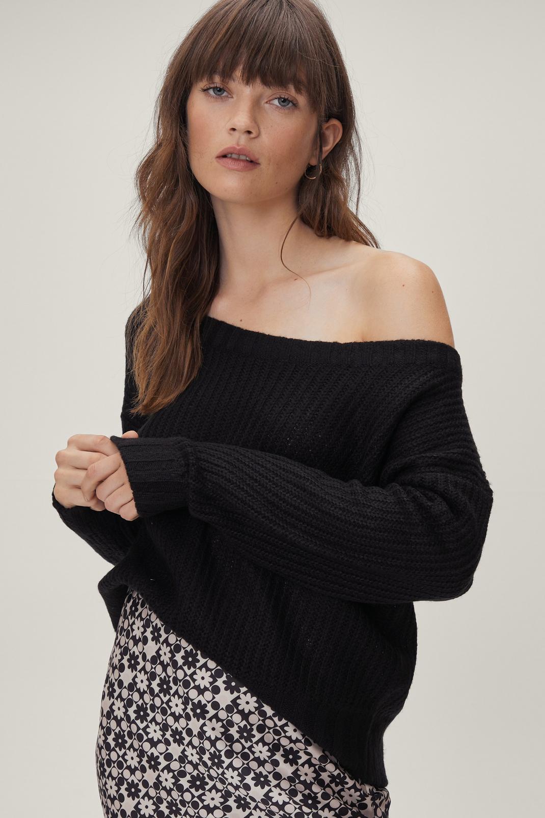 Black Off the Shoulder Relaxed Soft Knit Sweater image number 1