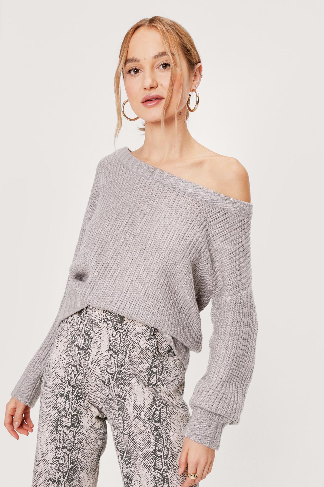 Grey Off the Shoulder Relaxed Soft Knit Sweater image number 1