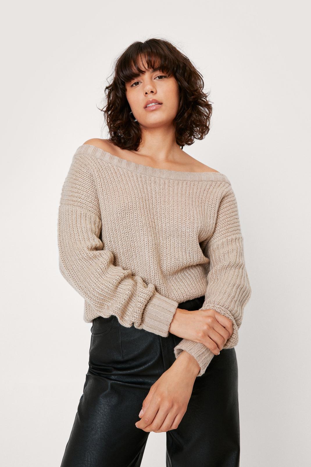 Oatmeal Off the Shoulder Relaxed Soft Knit Sweater image number 1