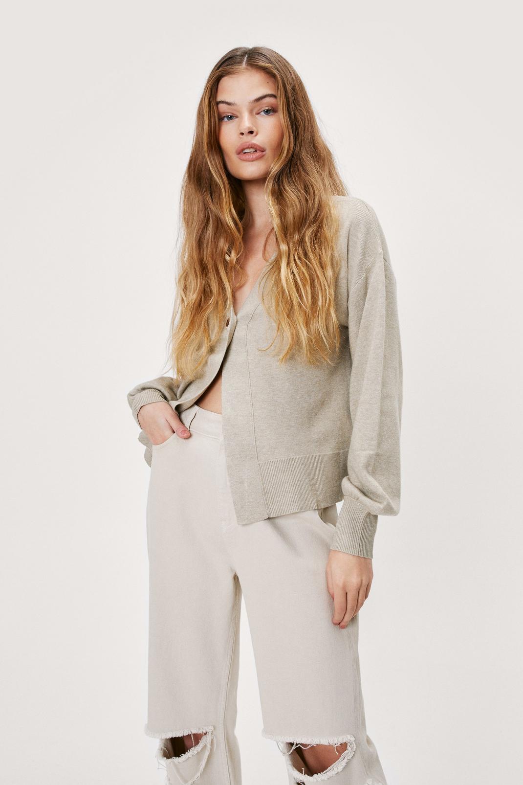 Taupe Button Down Fine Knit Balloon Sleeve Cardigan image number 1