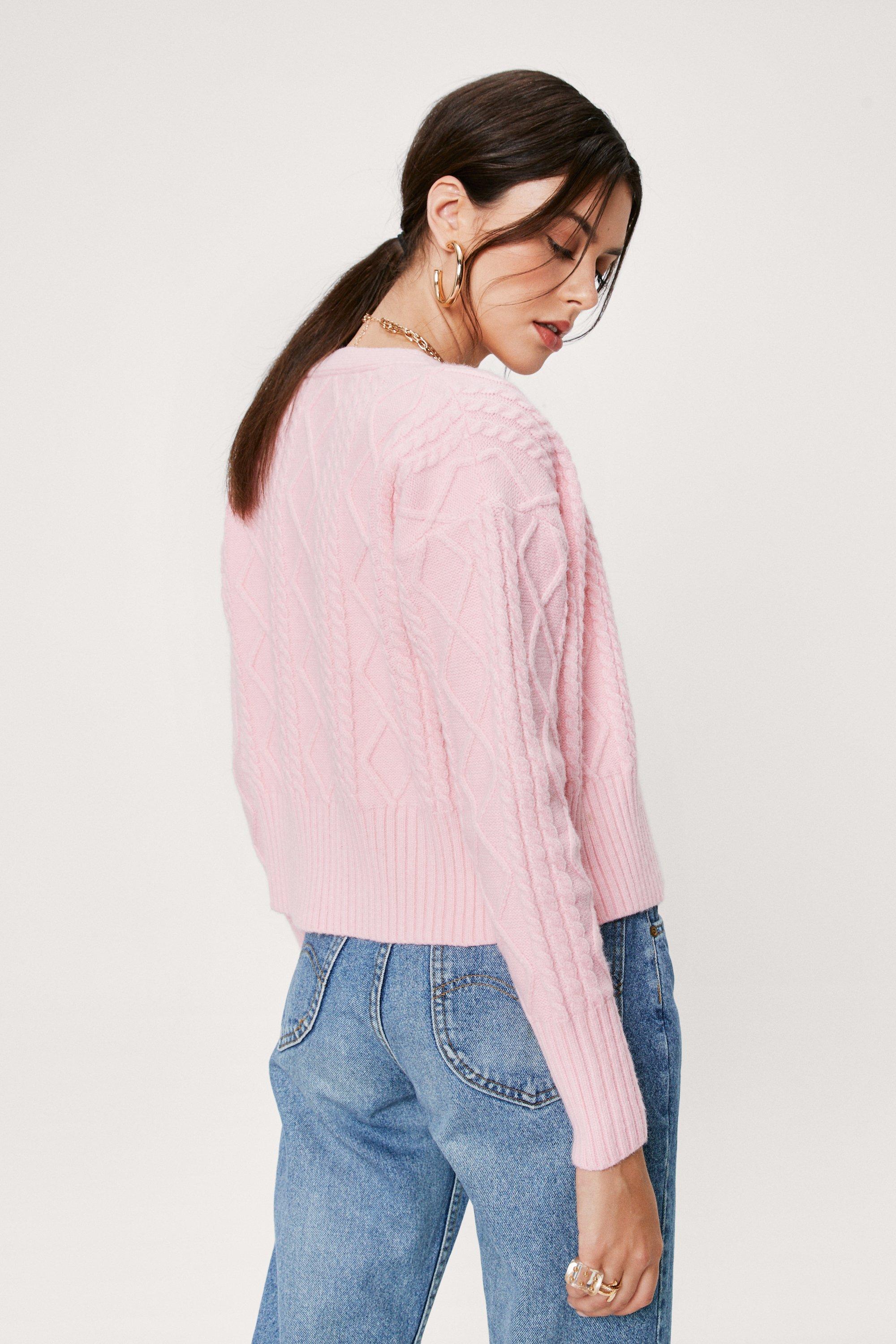 Bright Pink Cropped Cable Knit Brushed Sweater