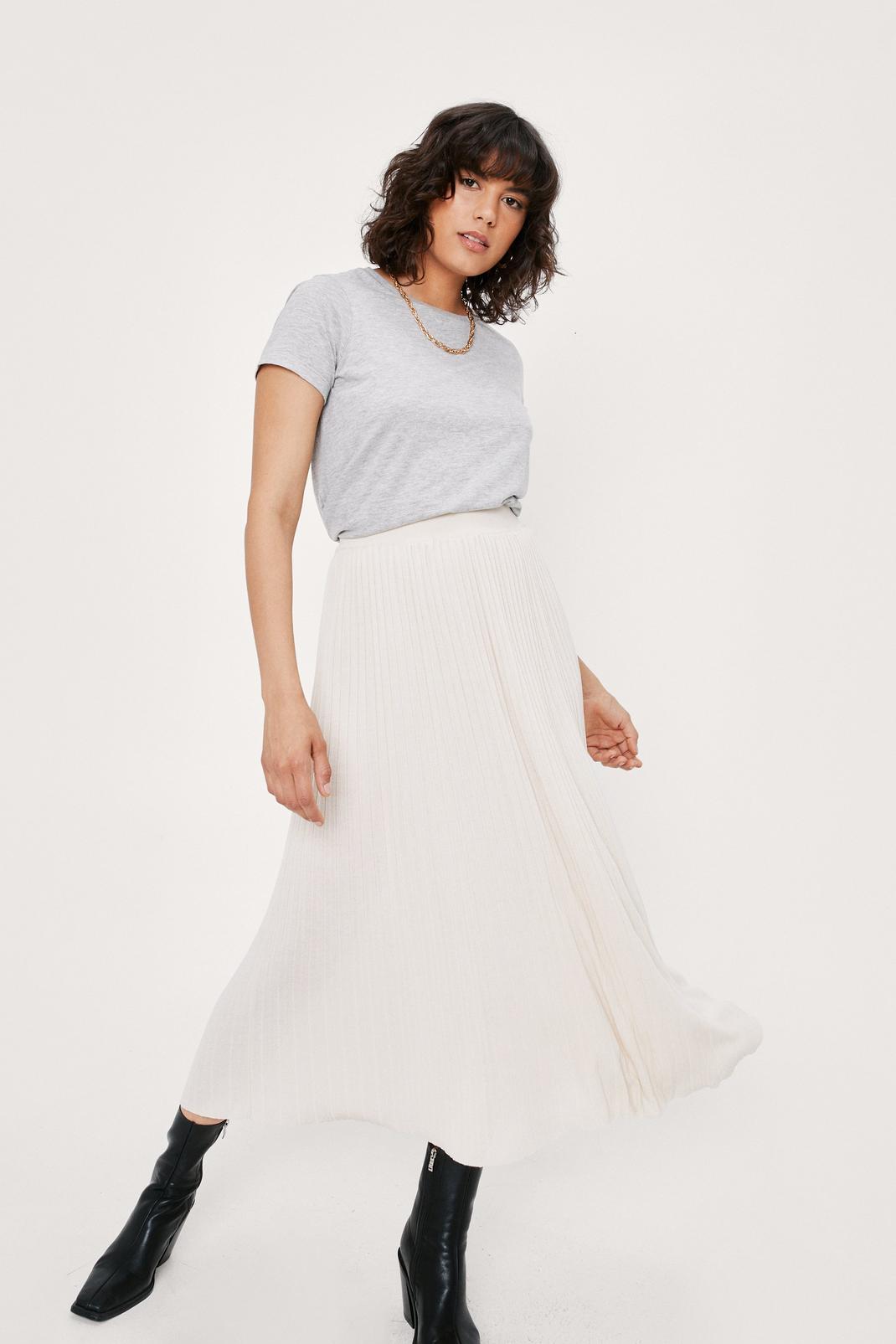 Oatmeal Knitted Pleated Bias Cut Midi Skirt image number 1