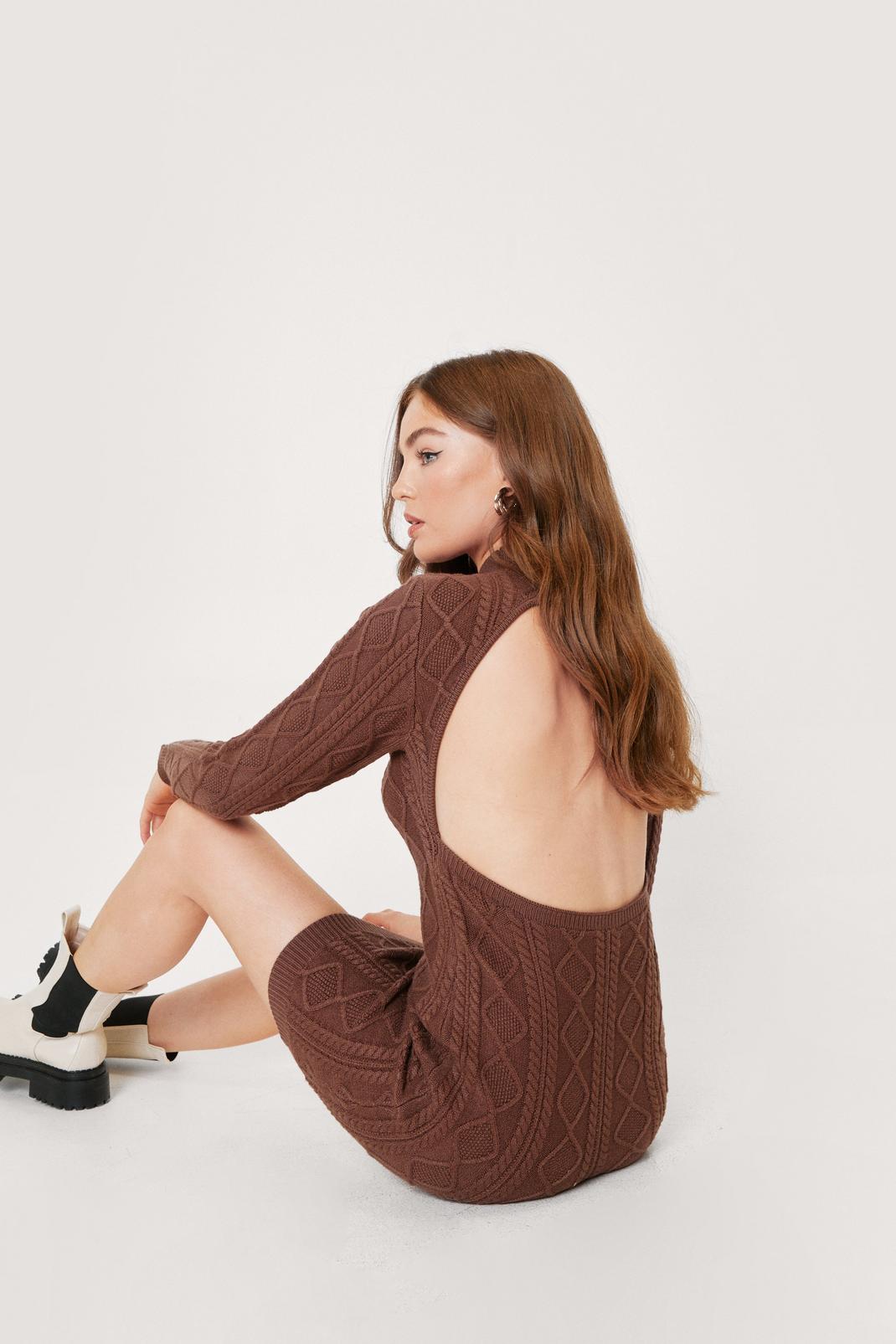 186 Cable Knit Open Back Mini Sweater Dress image number 1