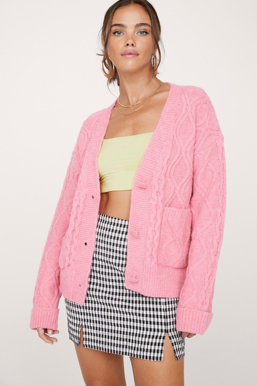 Pink Cable Pocket Oversized Button Knit Cardigan image number 1