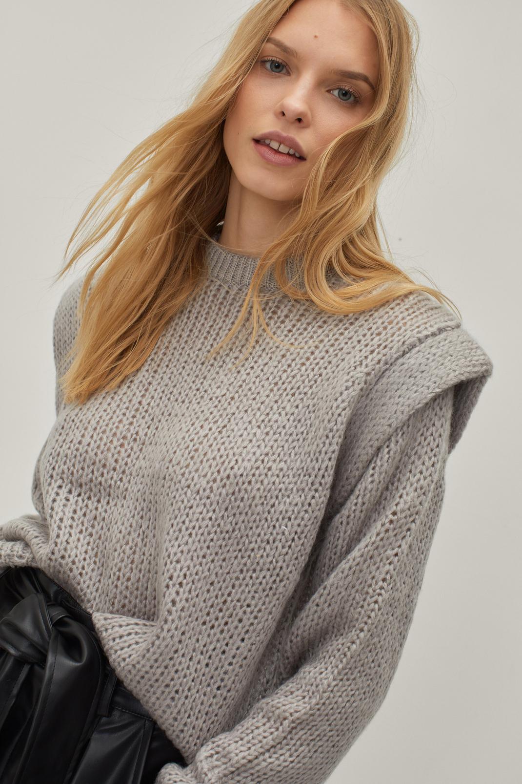 Grey Shoulder Sleeve Tuck Soft Knit Sweater image number 1
