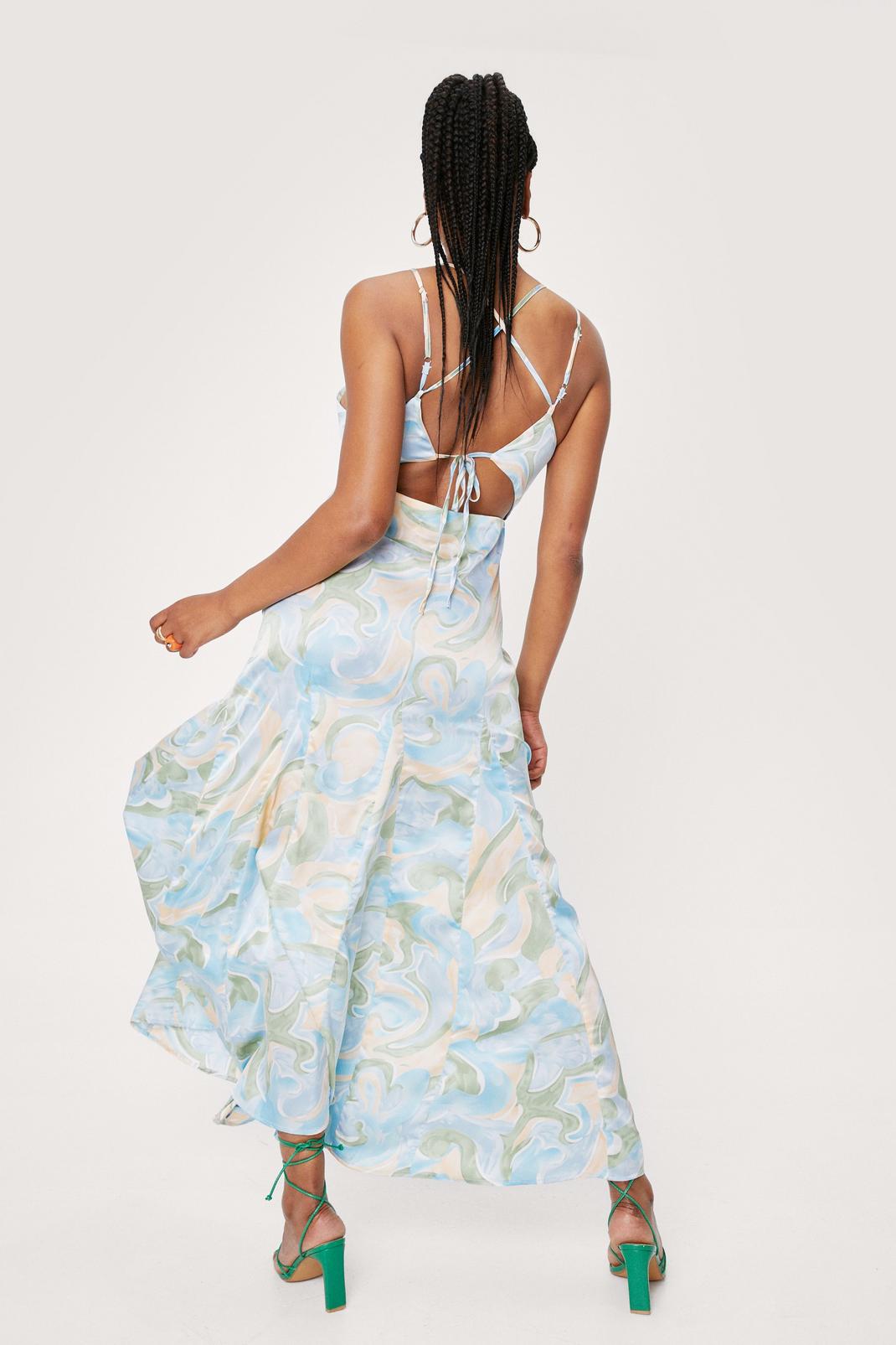 106 Lace Up Back Abstract Print Satin Maxi Dress image number 1