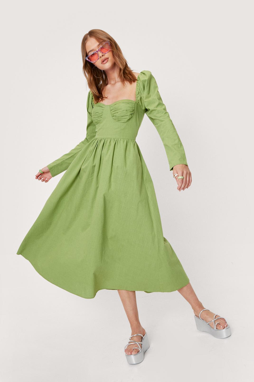 Green Ruched Bust Tie Back Midi Dress image number 1