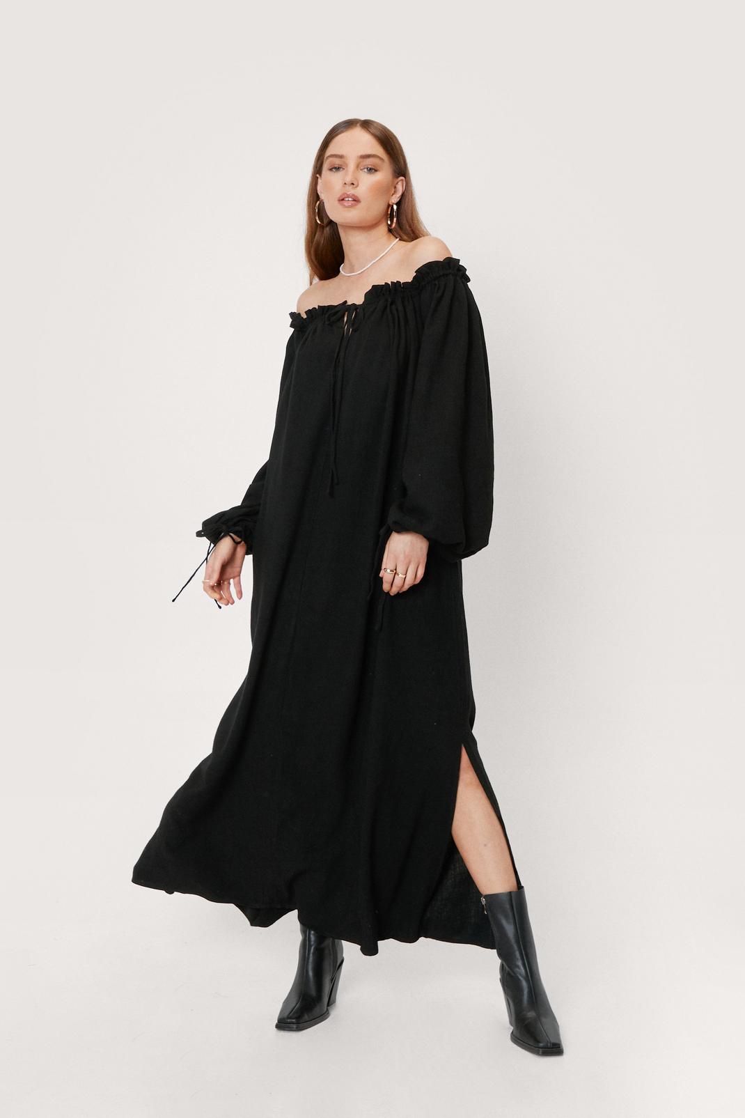 Black Cotton Oversized Off the Shoulder Maxi Dress image number 1