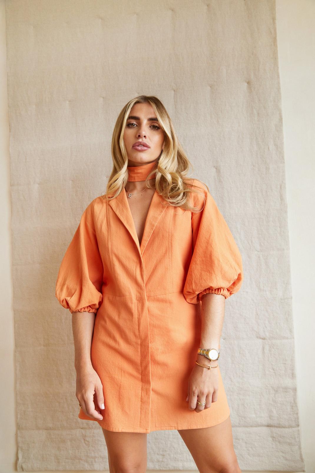 Orange Linen Look Puff Sleeve Mini Wrap Dress image number 1