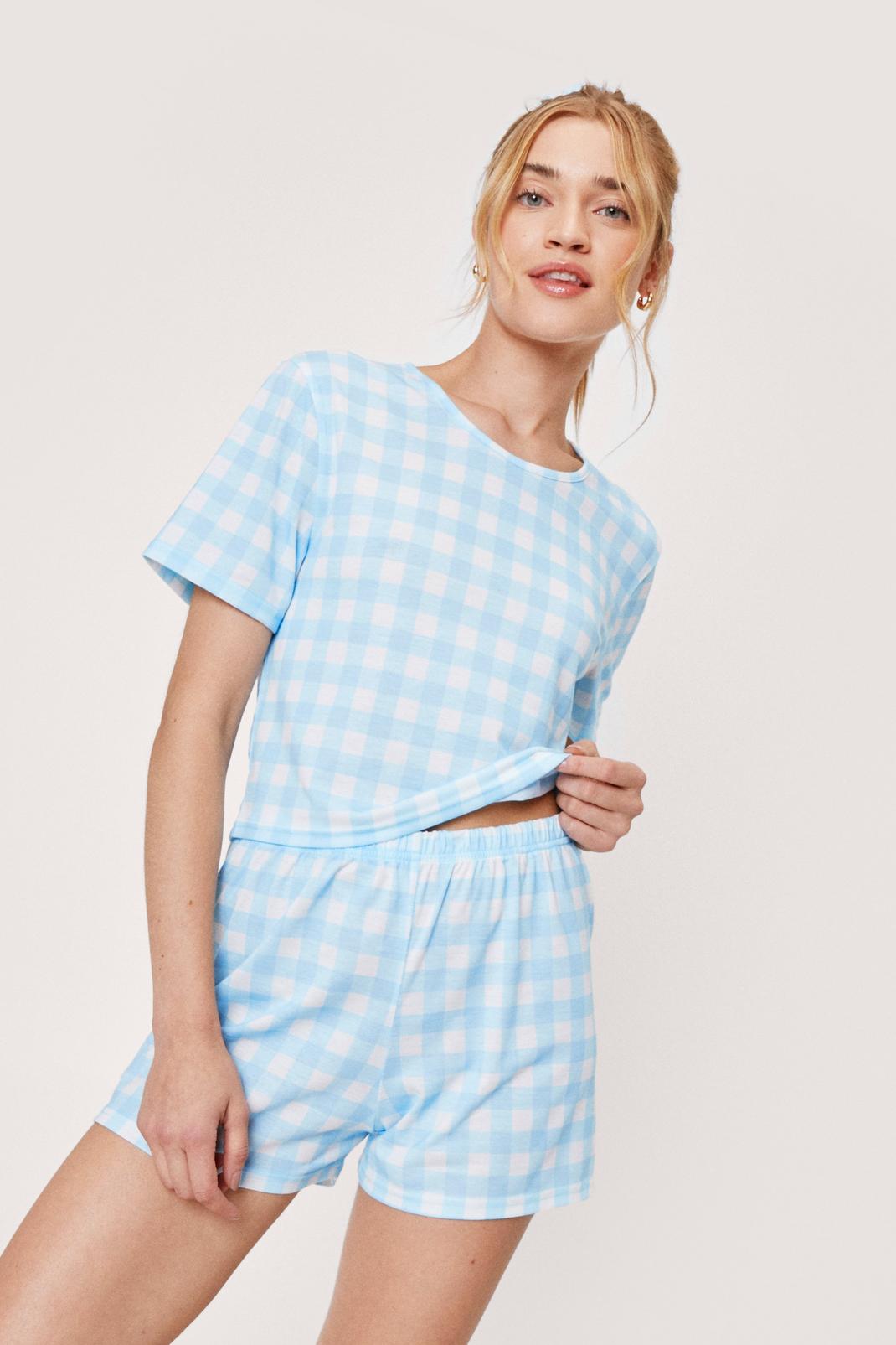 Pyjama 3 pièces t-shirt short & chouchou assorti à imprimé vichy, Pale blue image number 1