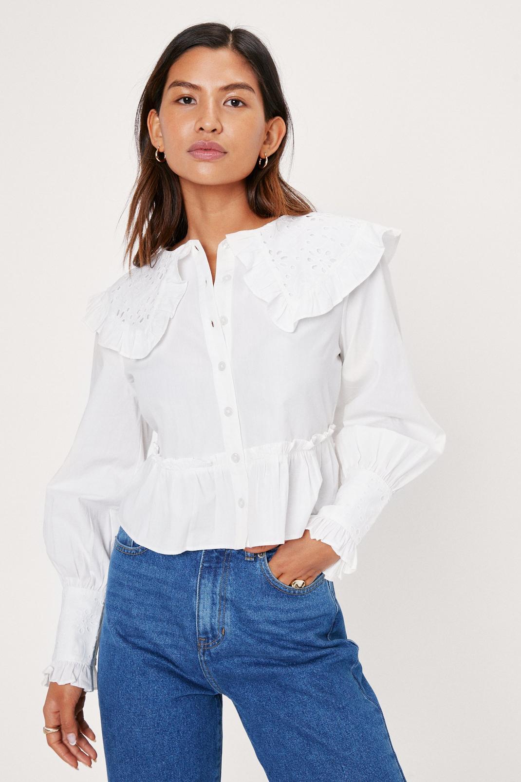 White Ruffle Collar Button Down Blouse image number 1