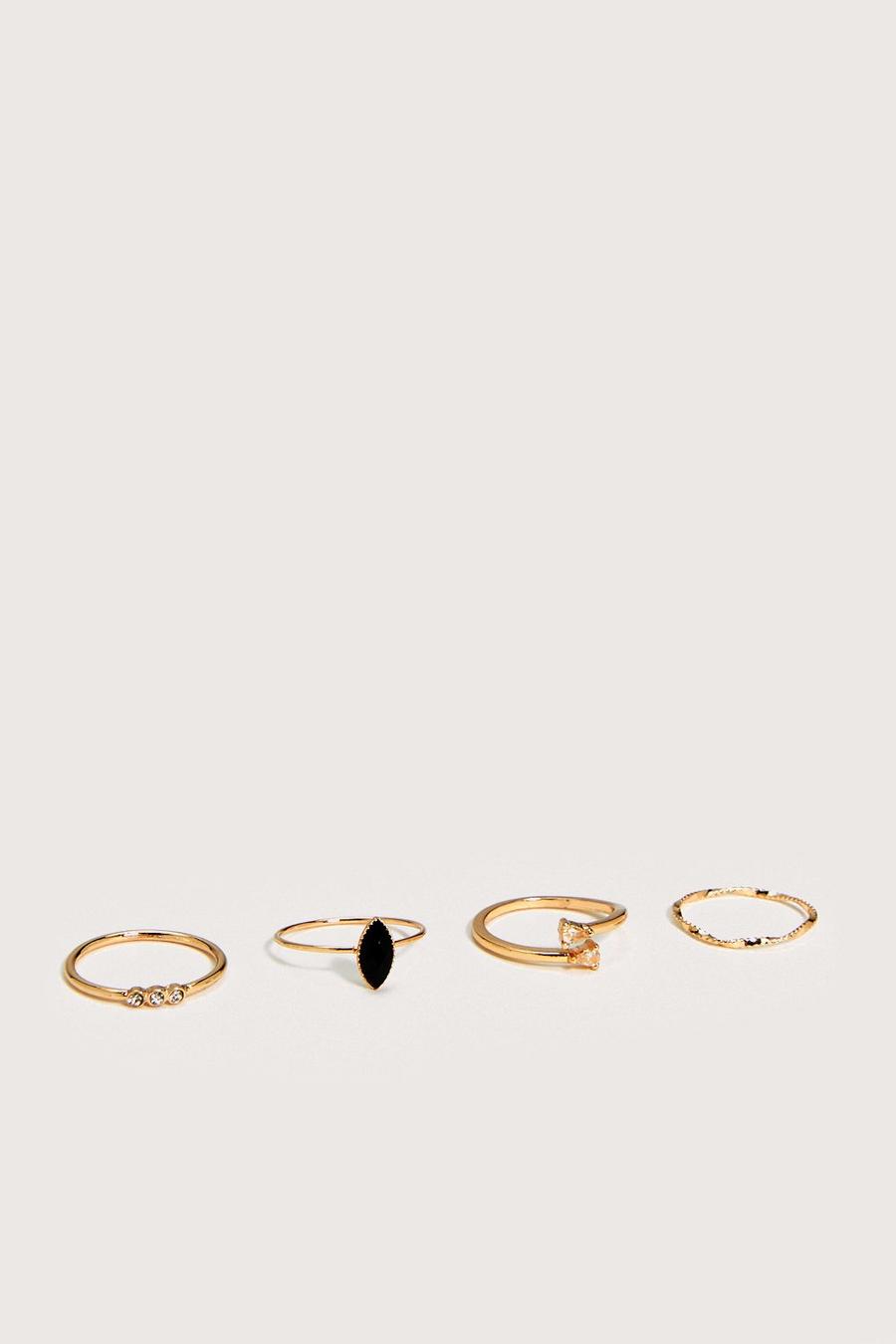 Recycled Metal Diamante Dainty 4 Pc Ring Set