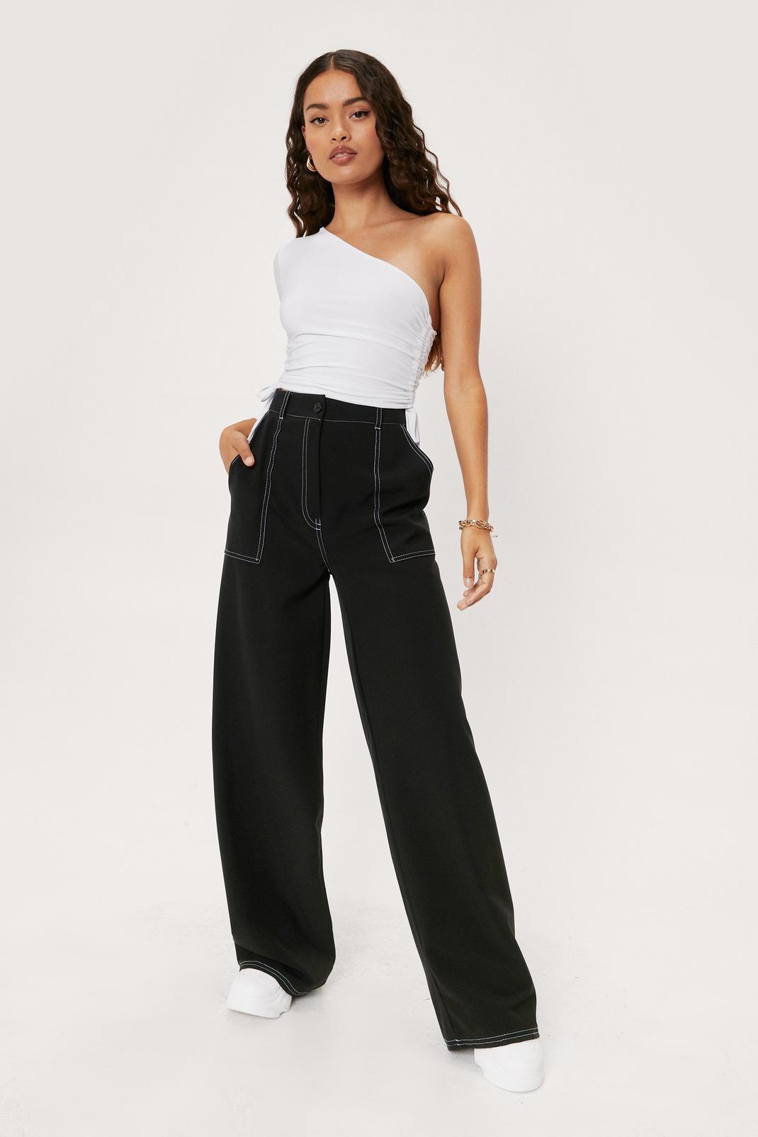 Black Petite Contrast Stitch Wide Leg Trousers image number 1