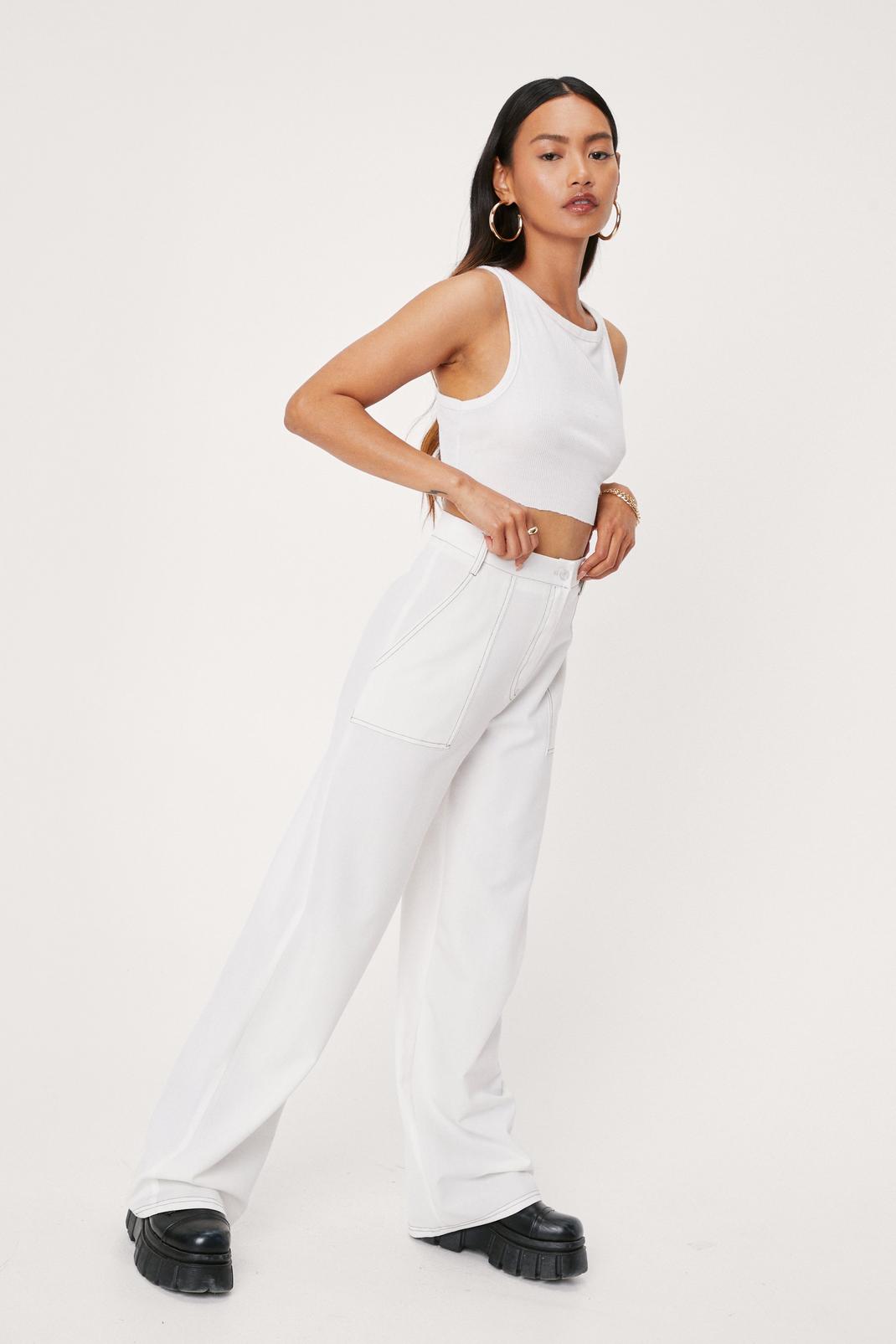 White Petite Contrast Stitch Wide Leg Pants image number 1
