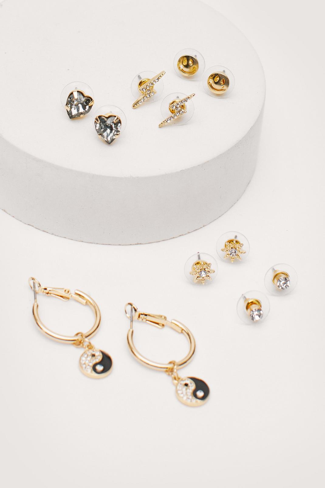 Gold 6-Pc Diamante Hoop and Stud Earring Pack image number 1