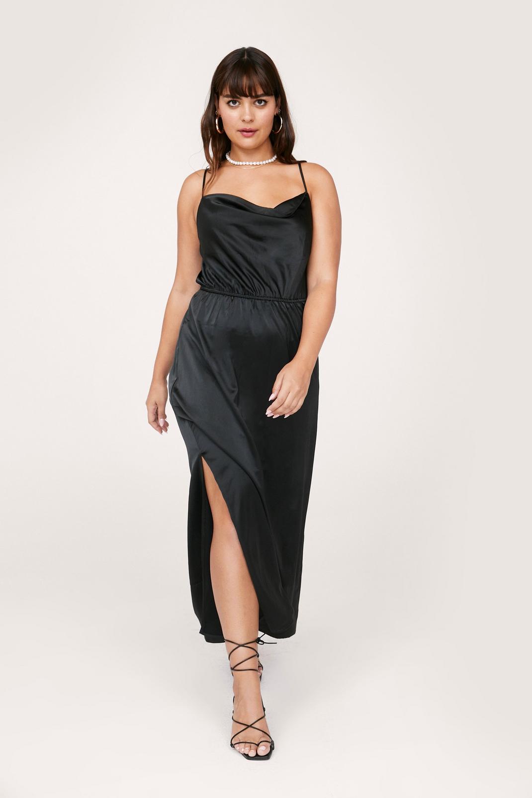 Black Plus Size Cowl Satin Maxi Dress image number 1
