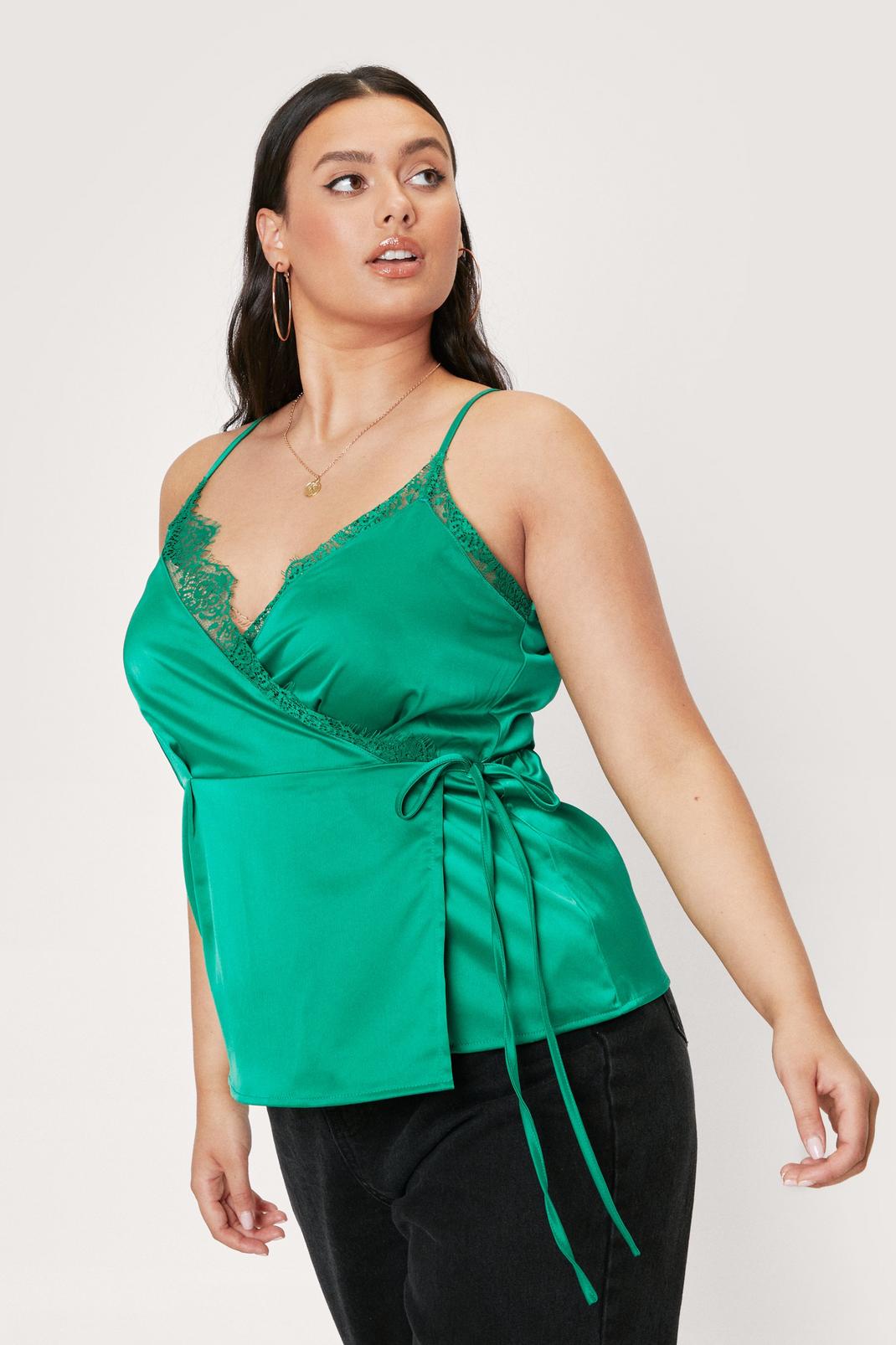 Green Plus Size Wrap Lace Trim Cami Top image number 1